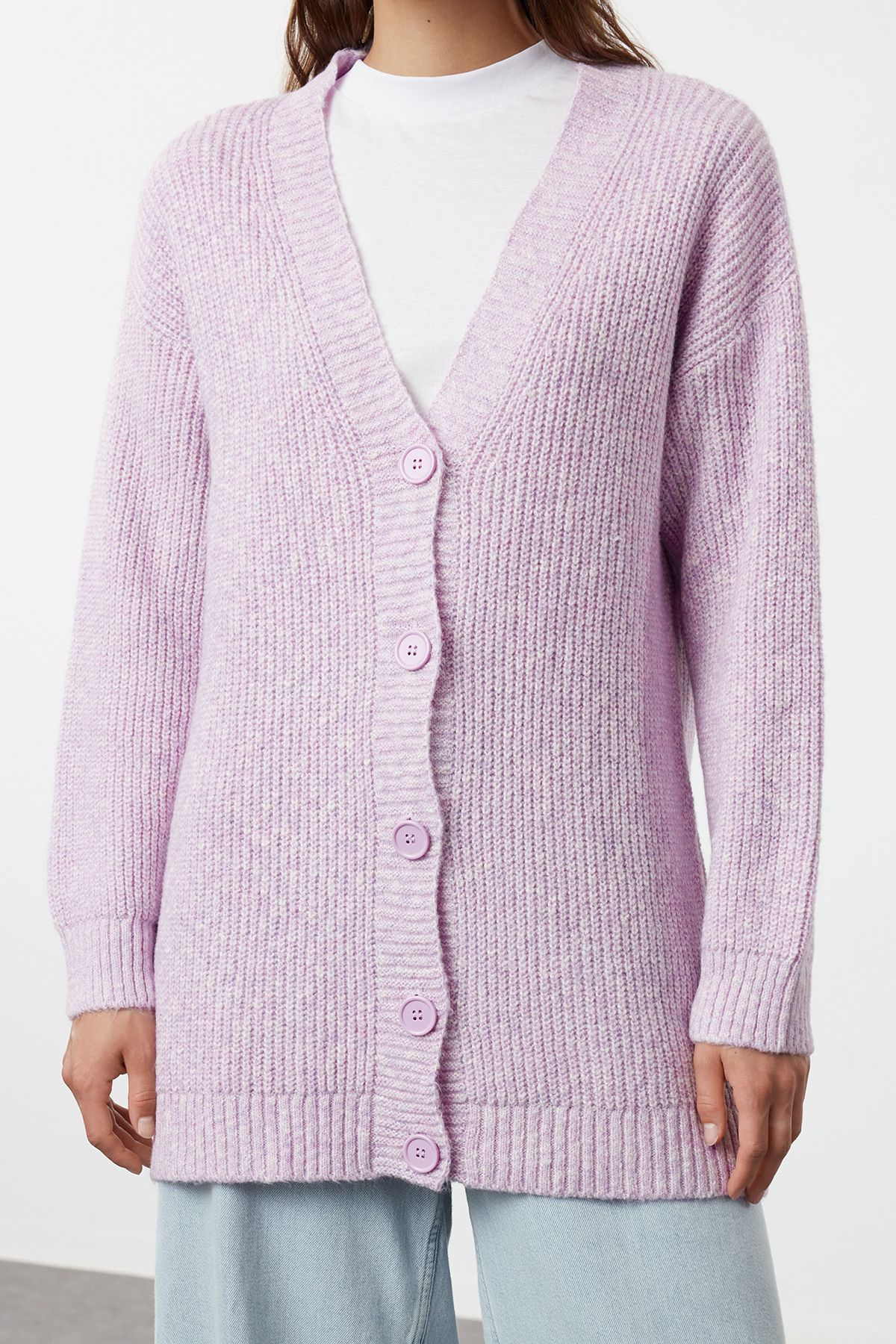 TRENDYOL MODEST V neck Lilac Knitwear Cardigan Buttoned Soft TCTAW22HI0397 Trendyol