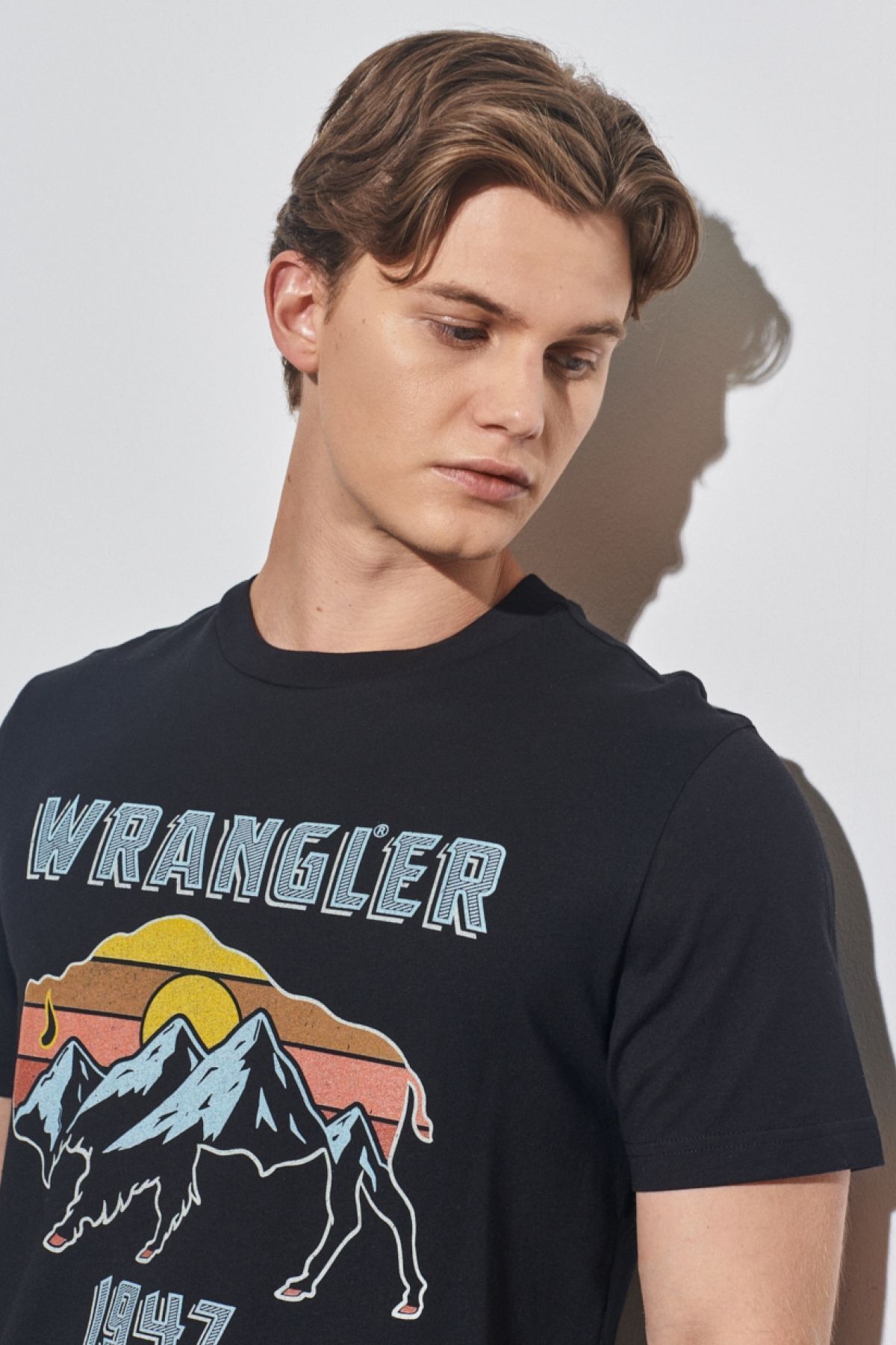 تی شرت مشکی مردانه به طور منظم مناسب برش طبیعی 100 ٪ گردن پنبه ای t shirt Wrangler