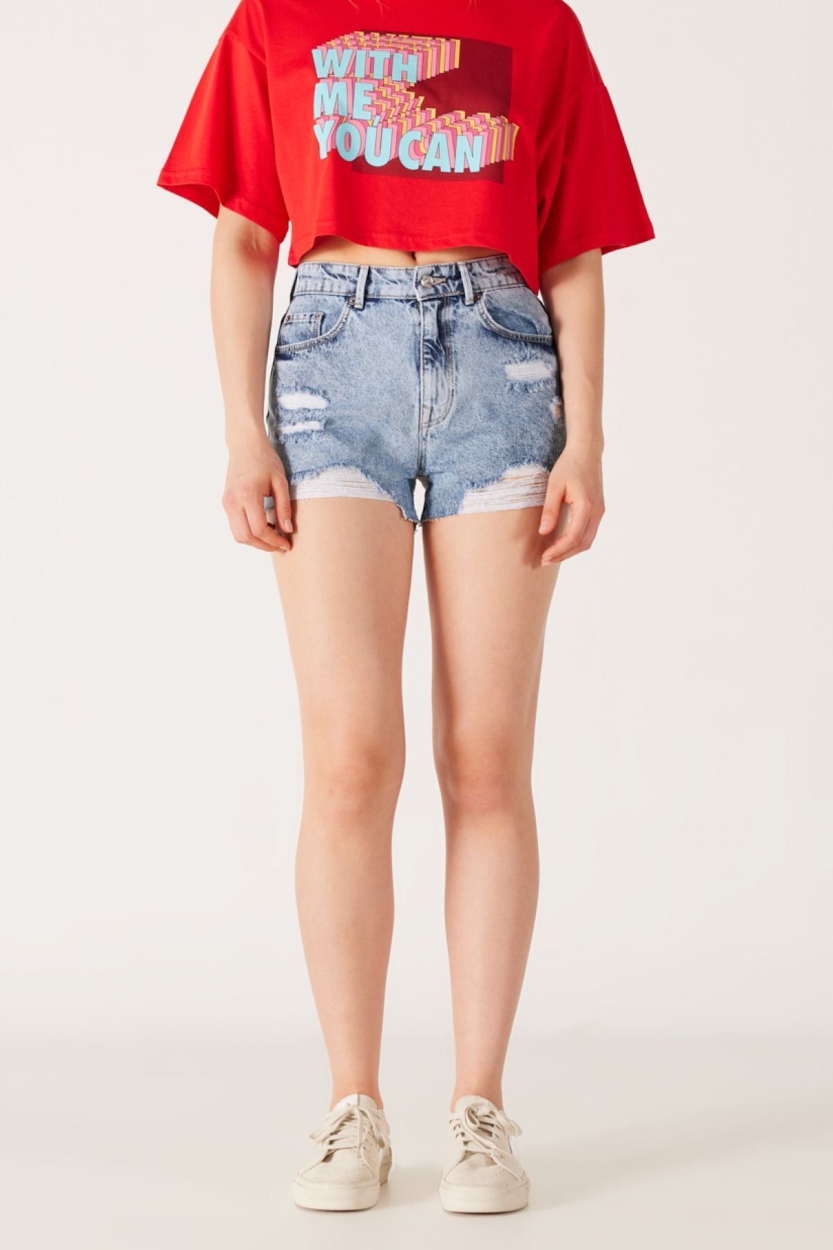 Regular Fit Normal Kesim Normal Bel Açık Mavi Jean Kot Şort - 4