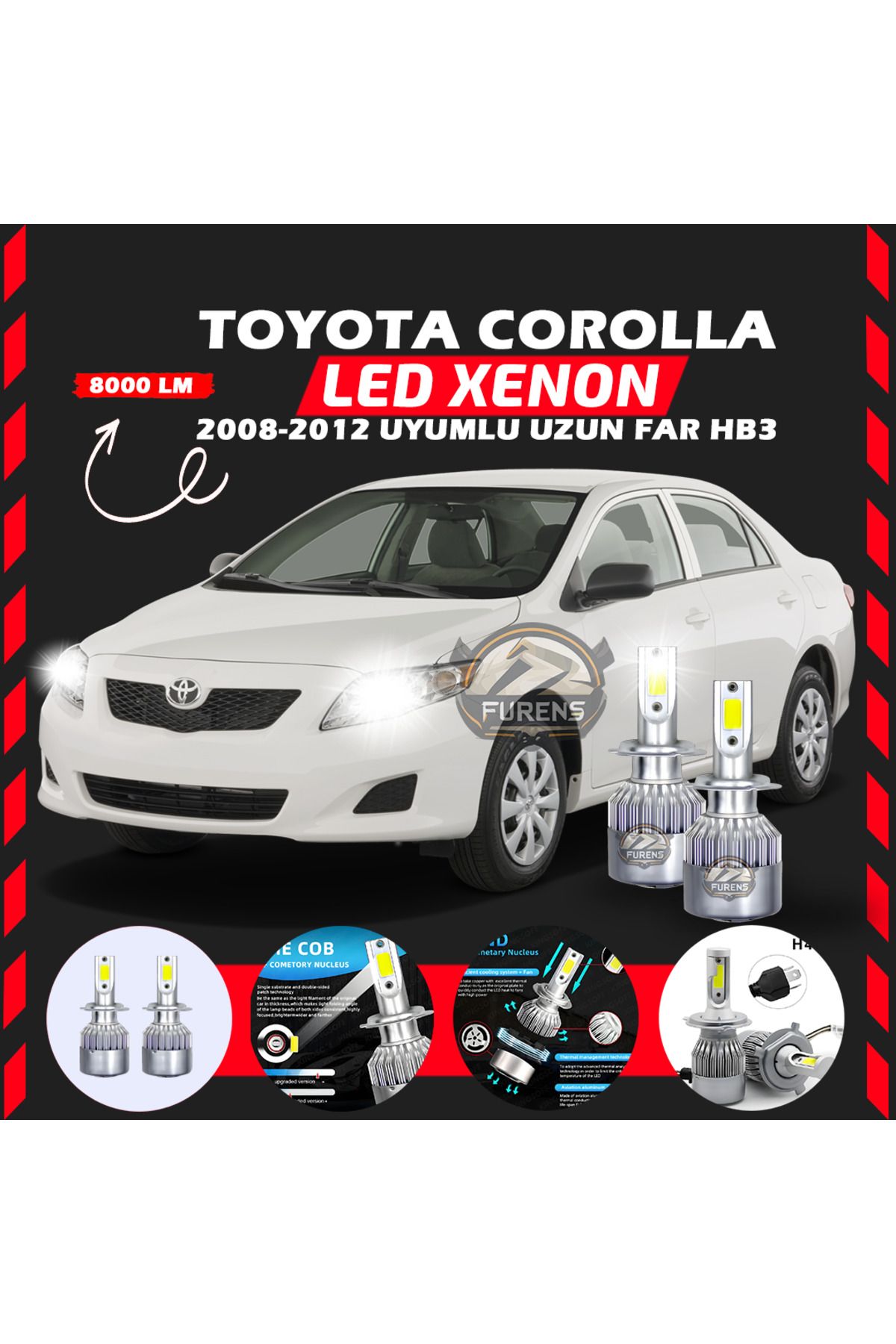 Toyota Corolla 2008-2012 Uzun Far Uyumlu Şimşek Etkili Led Xenon Performance Series HB3