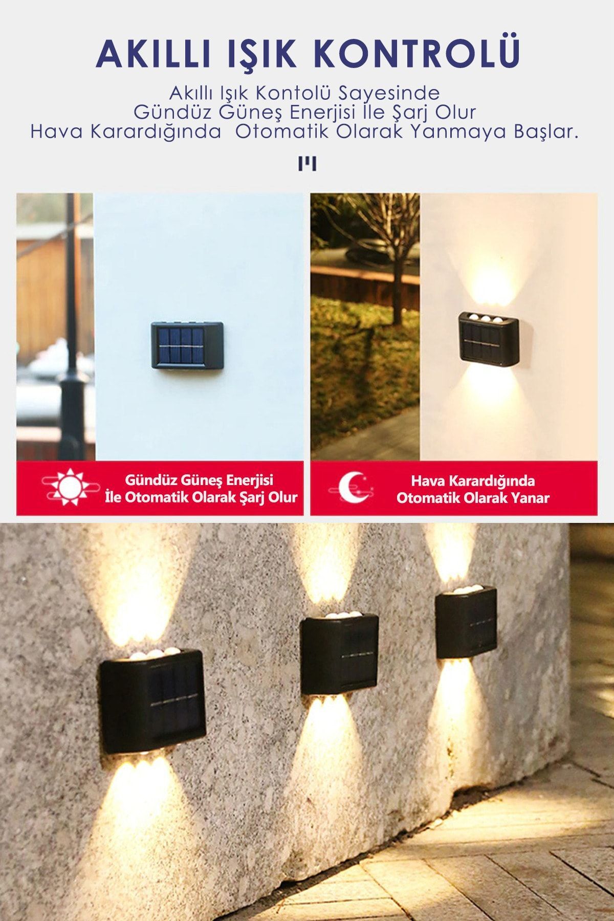2adet Modern Solar 6ledli Çift Taraflı Aplik Güneş Enerjili Aydınlatma Duvar Lambası 4