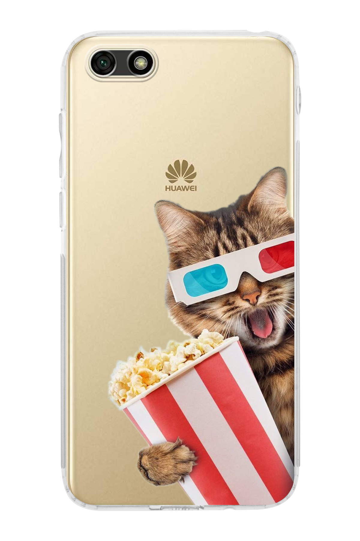Huawei Y5 2018 ile Uyumlu Kedi 1 Kamera Korumalı Şeffaf Kılıf