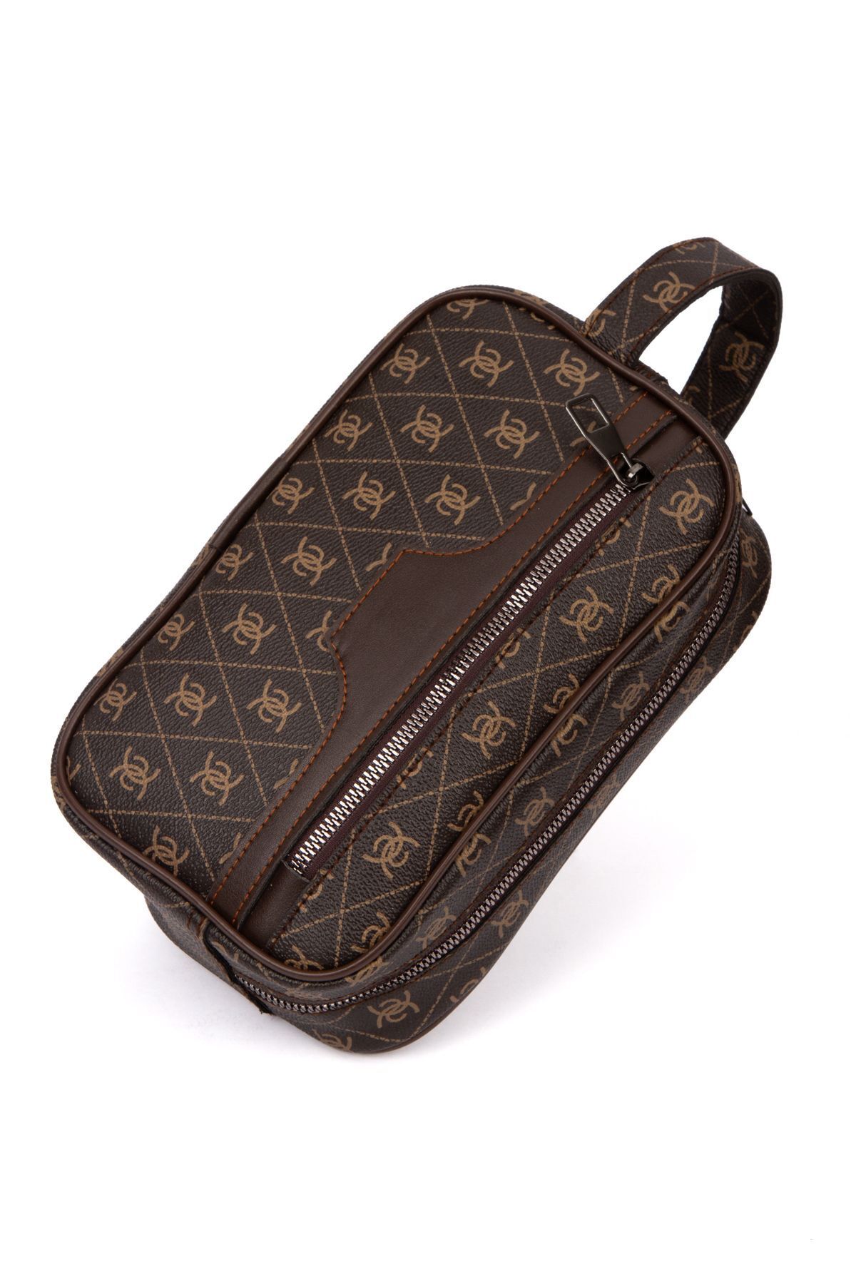 Newish Polo  Unisex Kahve Desenli Deri Portföy El Çantası Kozmetik Tıraş Seyahat Günlük Bakım Çantası Alet Çanta - Görsel 3