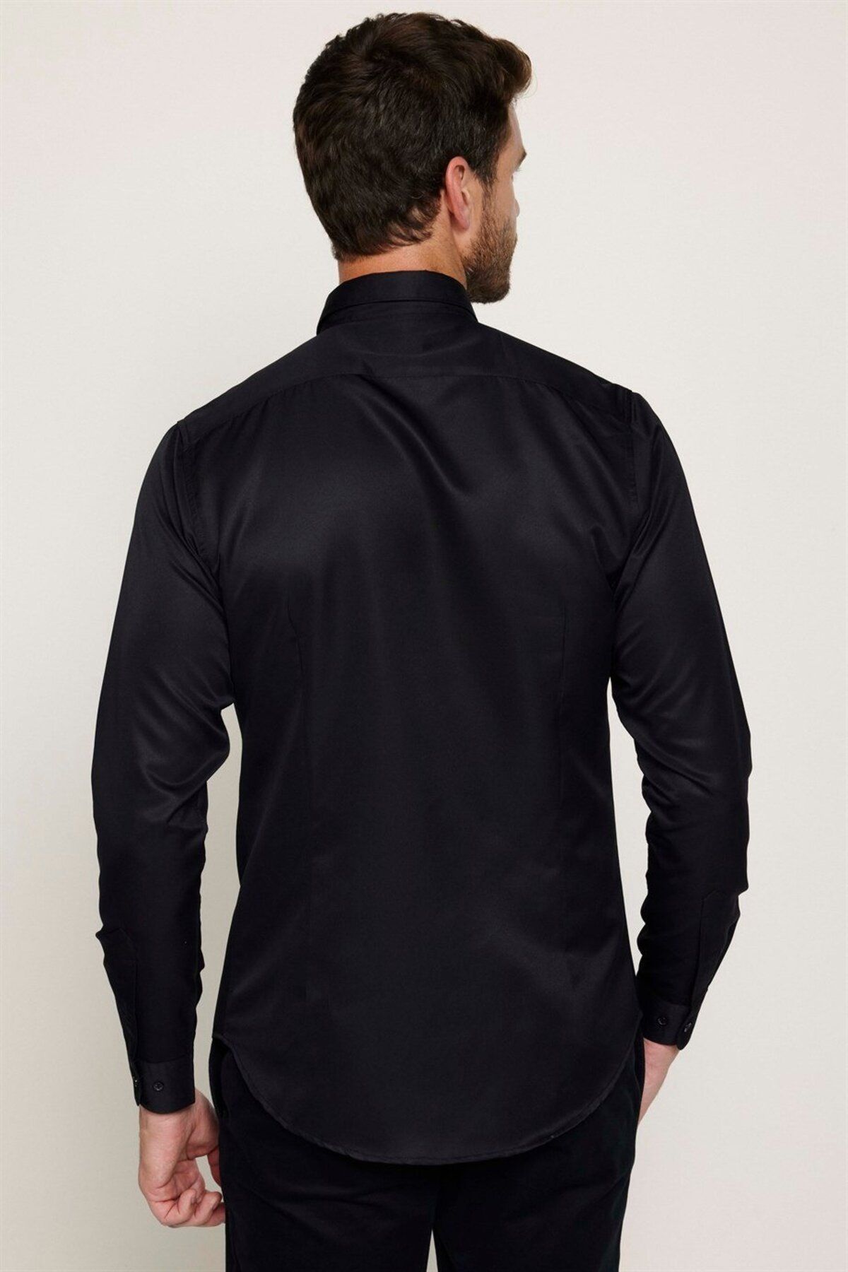 Slim Fit Uzun Kollu Kolay Ütü Teri Emen Nefes Alan Doku Kravatlık Dört Mevsim Siyah Erkek Gömlek