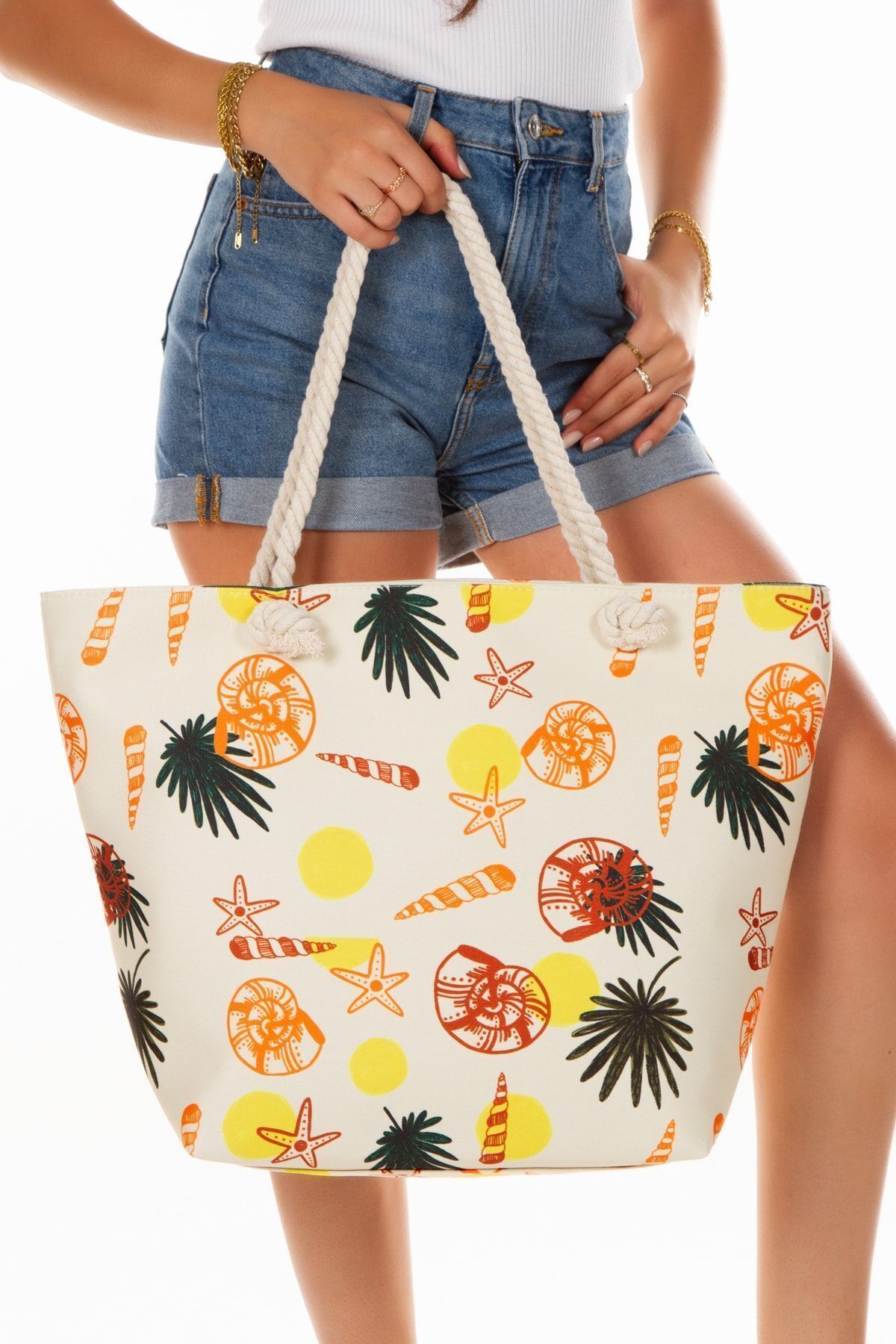 GreandBags Kadın Fermuarlı Plaj Çantası Desenli Plaj Çantası Günlük Çanta Piknik Çantası görsel 3