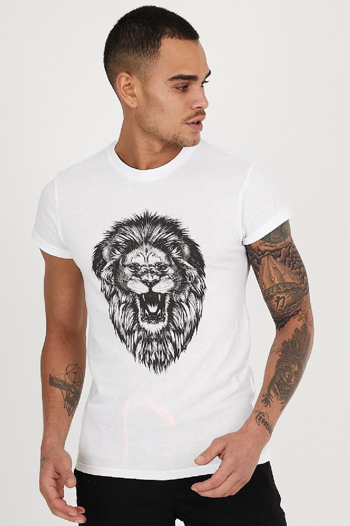 Blah Tricou Pentru Bărbați, Alb, Cu Imprimeu Cu Capul De Leu, Cu Gâtul Rotund Masculin - S