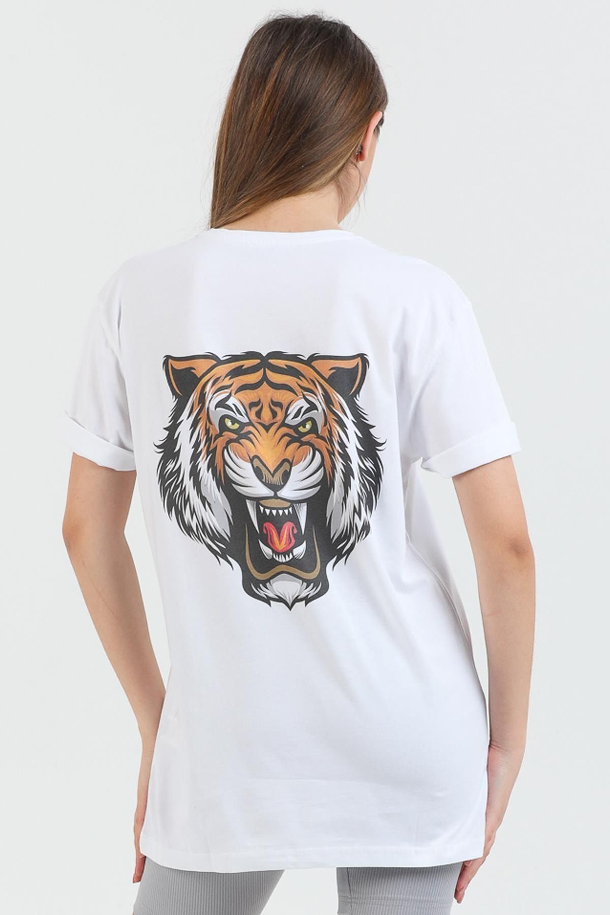 Blah-Weißes Oversize-Damen-T-Shirt aus Baumwolle mit Tiger-Print und Rundhalsausschnitt. 1