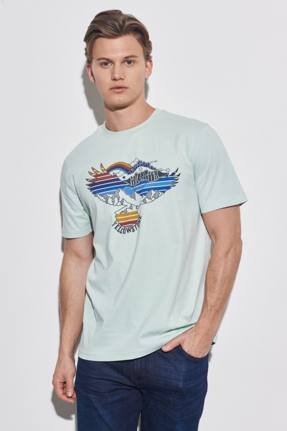 تی شرت آبی مردانه به طور منظم مناسب برش طبیعی 100 ٪ یقه دوچرخه پنبه ای روشن T shirt Wrangler