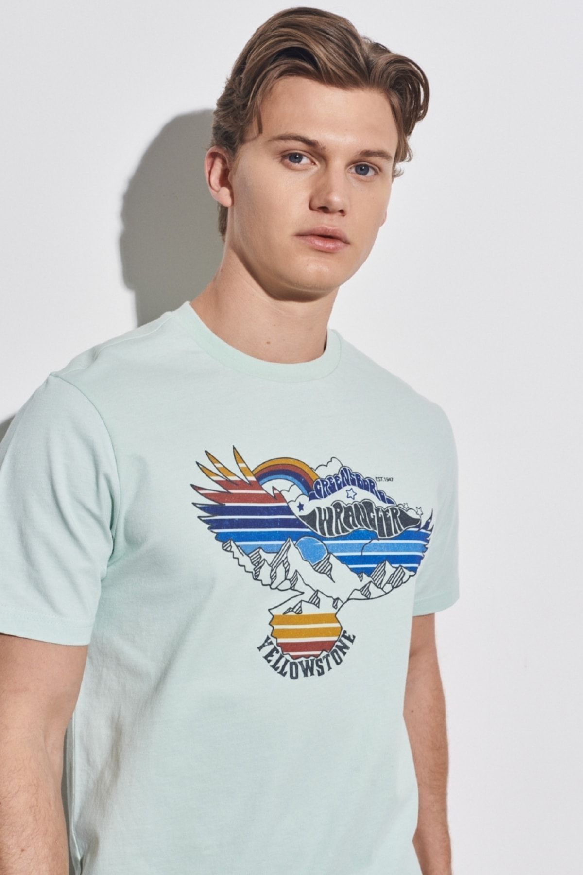 تی شرت آبی مردانه به طور منظم مناسب برش طبیعی 100 ٪ یقه دوچرخه پنبه ای روشن T shirt Wrangler
