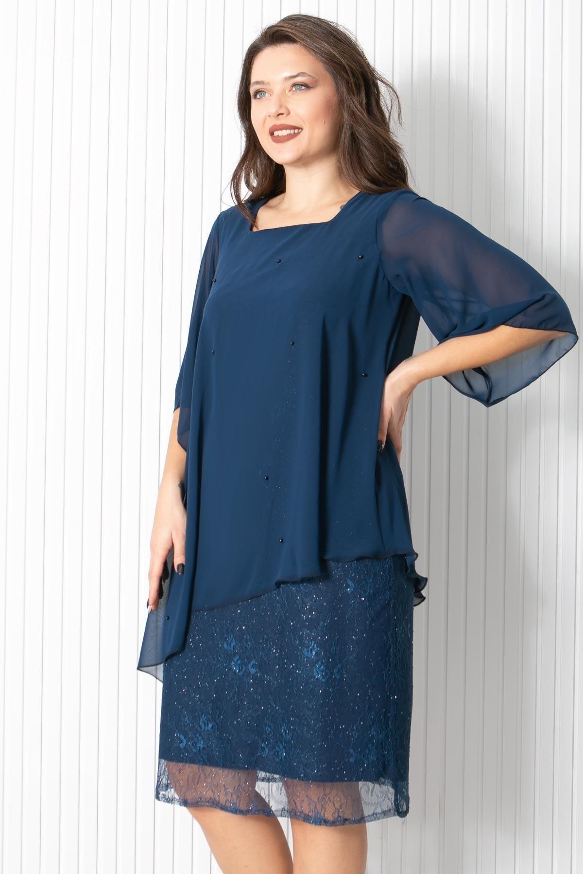 SUBU TASARIM-Pearl Chiffon Evening Dress Navy Blue FHM908 4