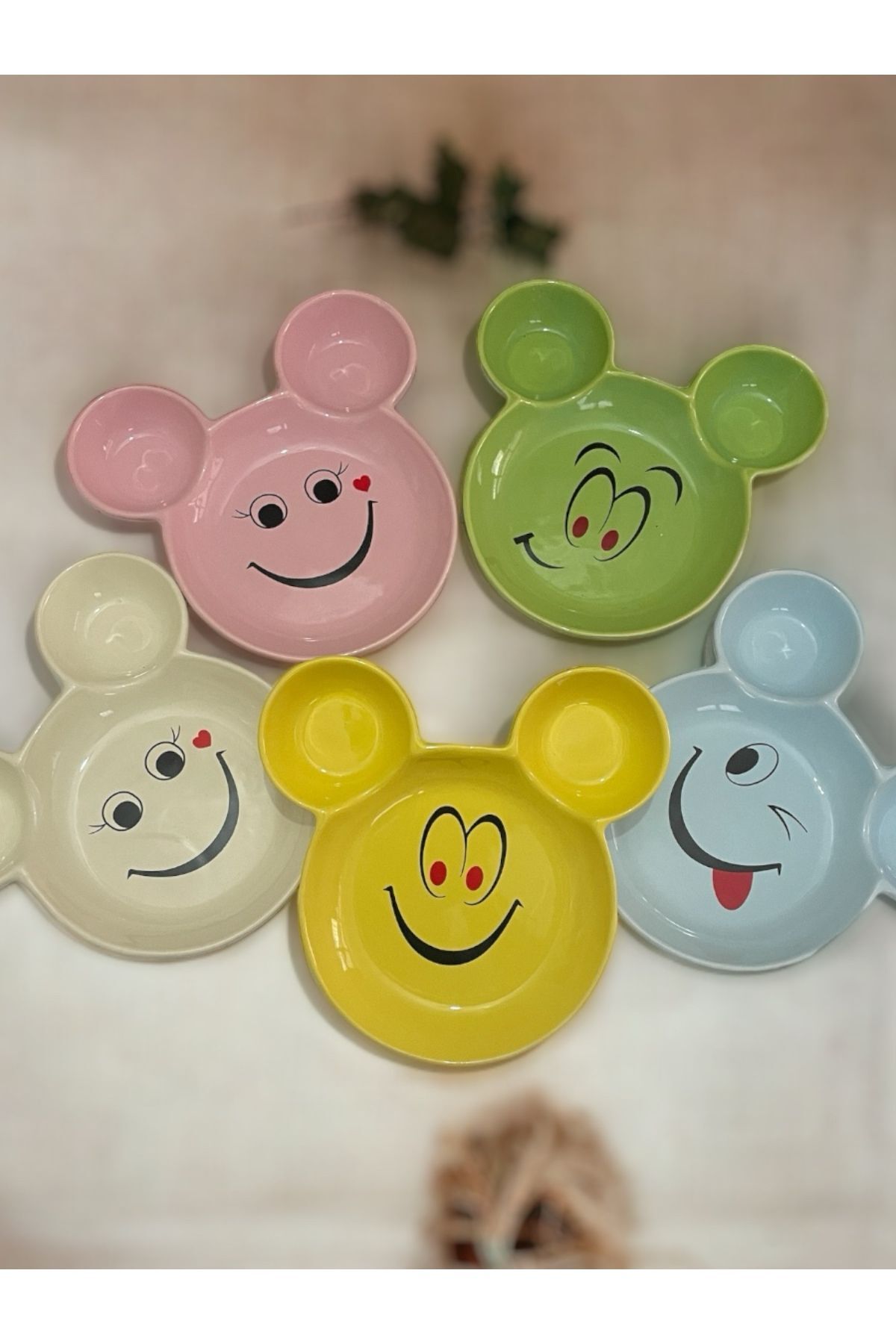 Artistic Quality Eğlenceli Çocuk Mama, Yemek, Kahvaltı ve Pasta Tabağı 5 Adet Sarı-Yeşil-Mavi-Pembe-Krem fotoğrafı 5 (önizleme)
