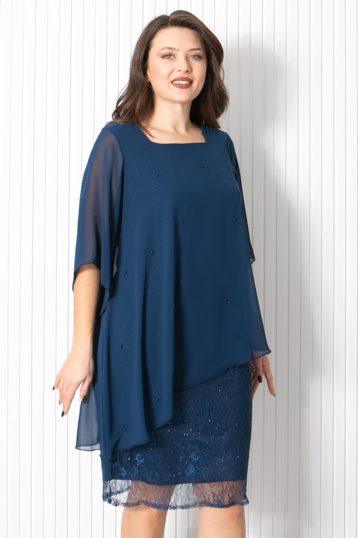 SUBU TASARIM-Pearl Chiffon Evening Dress Navy Blue FHM908 3