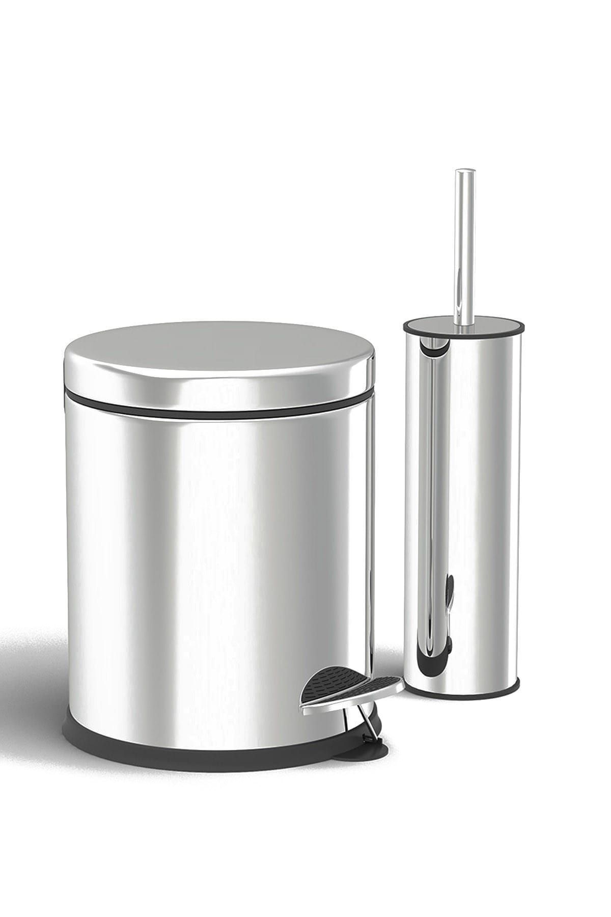 Alper Banyo-Stainless 5 Lt Trash Can - Toilet Brush Set of 2 Bathroom Set (Glossy) 1