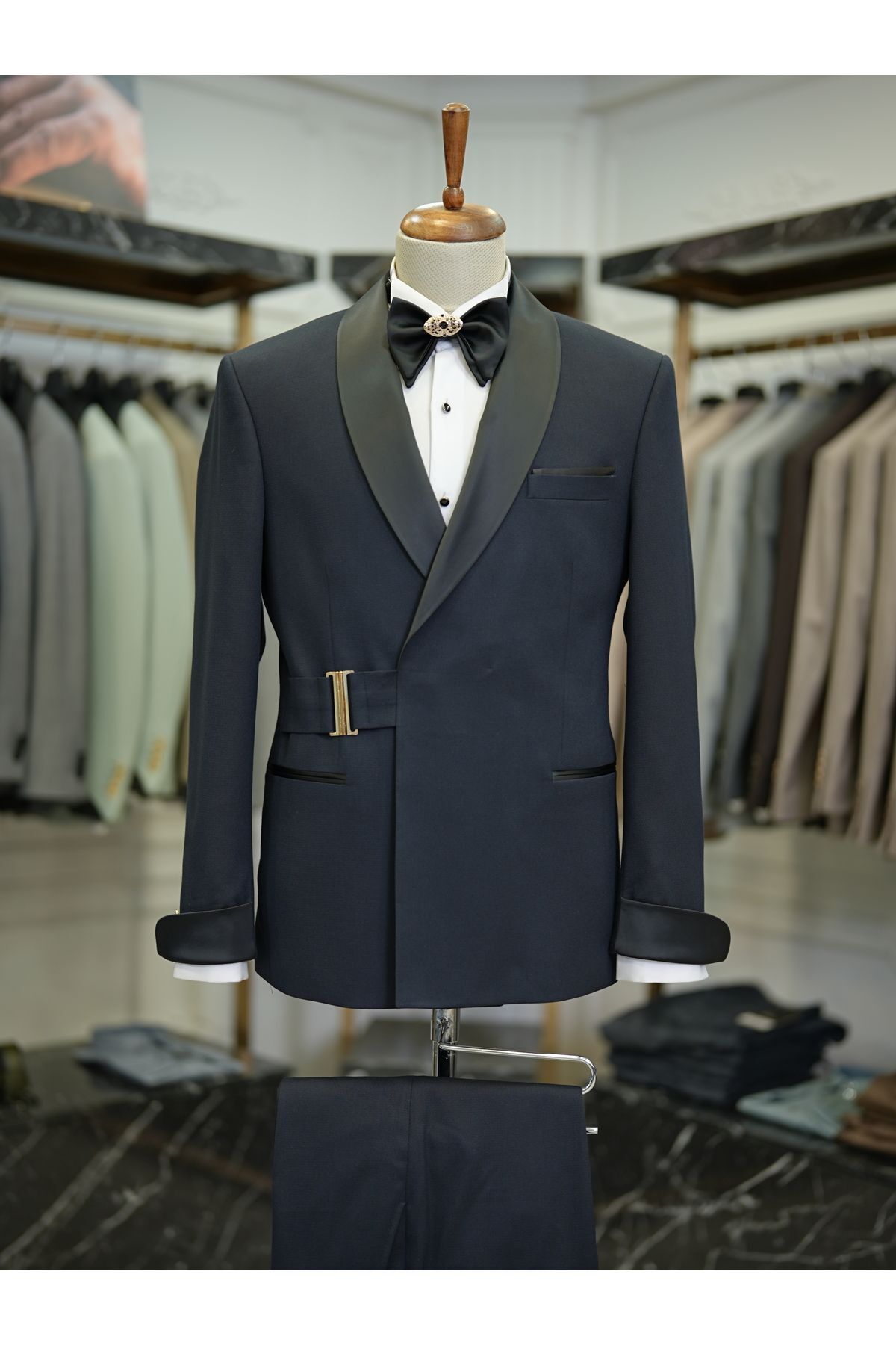 LONATOLİA Erkek Kruvaze Smokin Damatlık Gold Toka Şal Yaka İtalyan Stil Slim Fit Ceket Pantolon Papyon