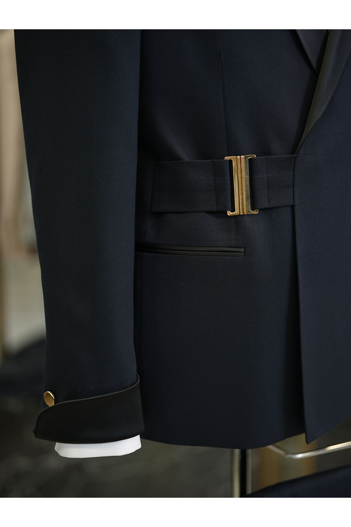 LONATOLİA-Men's Italian Style Slim Fit Double Breasted Jacket and Trousers - Groom's Gold Buckle, Shawl Collar, Bow Tie 7