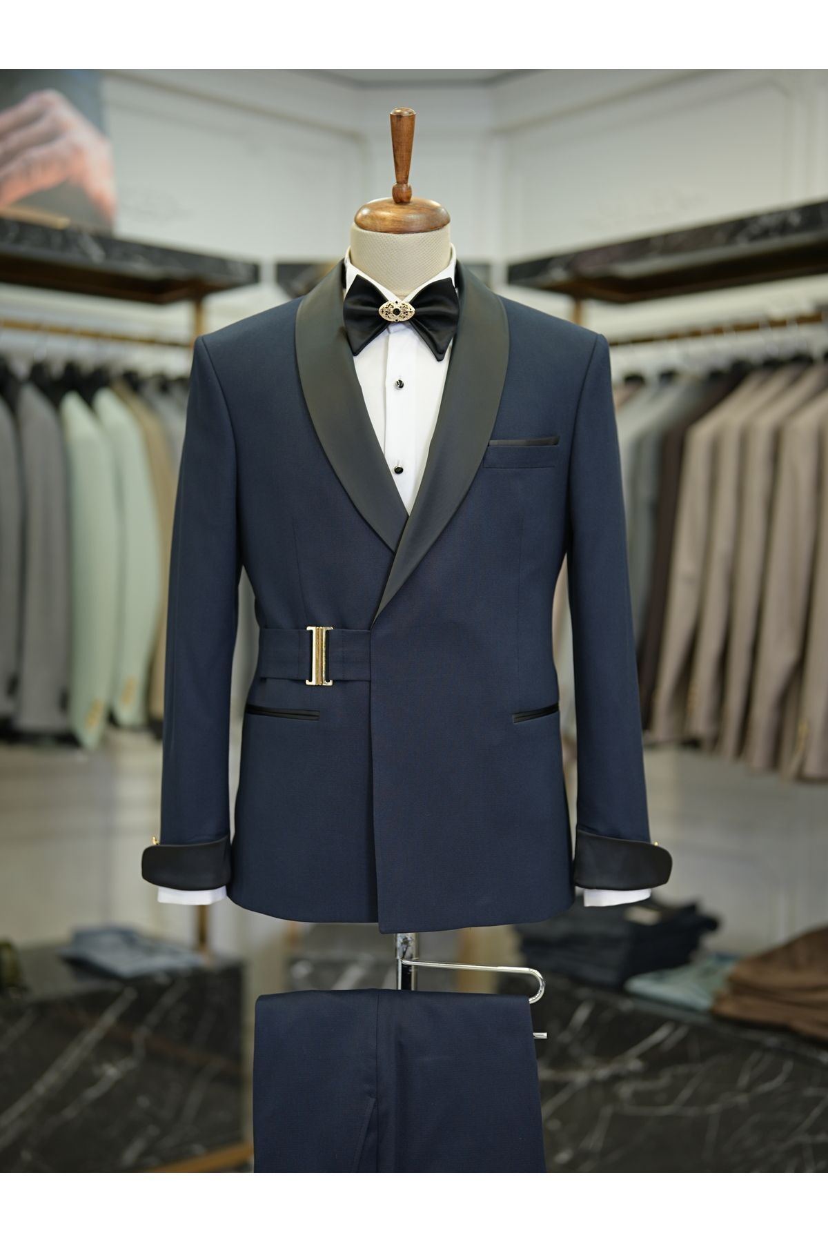 LONATOLİA Erkek Kruvaze Smokin Damatlık Gold Toka Şal Yaka İtalyan Stil Slim Fit Ceket Pantolon Papyon