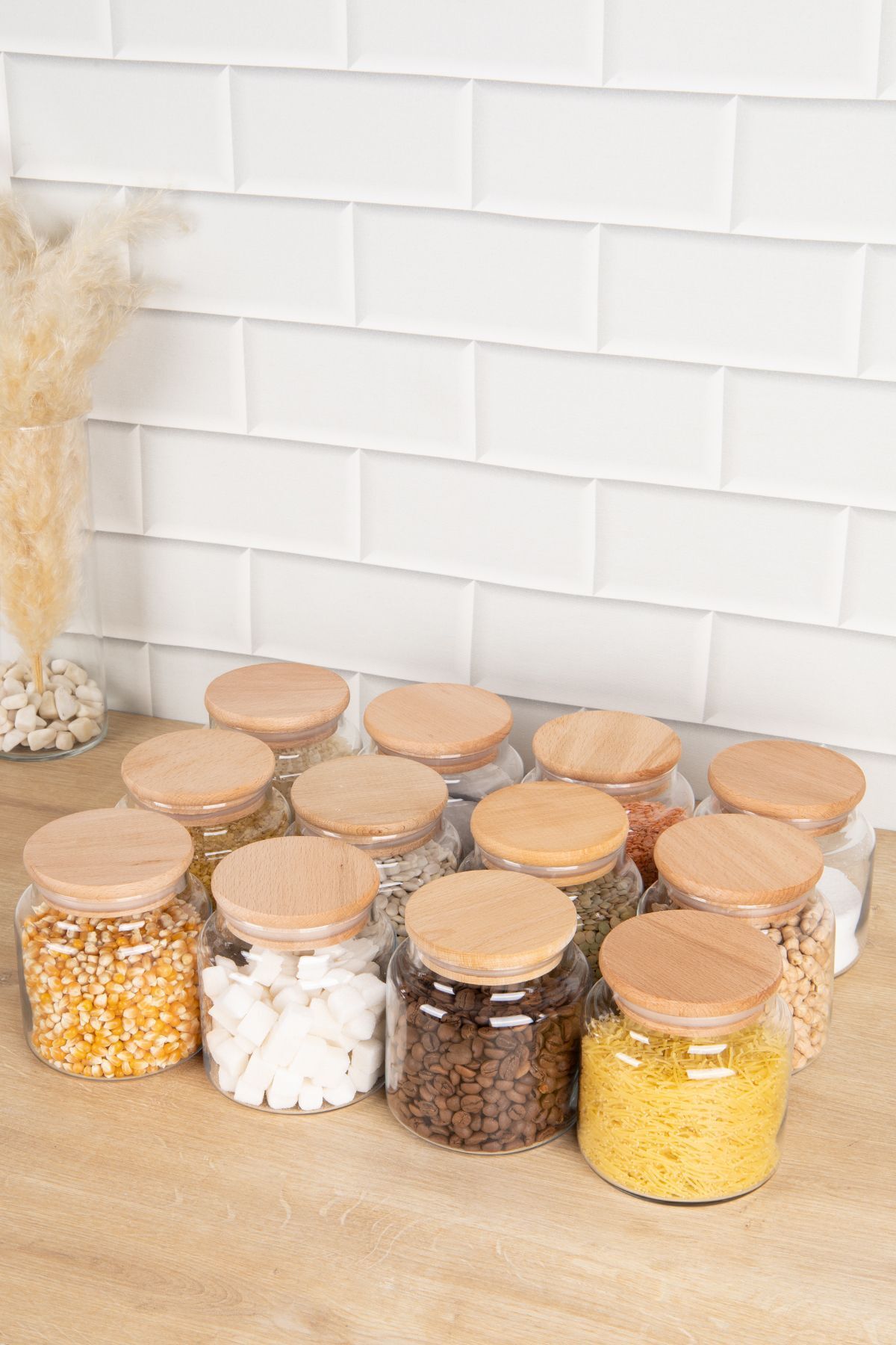 DNS HOME-12-Piece Wooden Glass Jar with Vacuum Lid Storage Container Spice Jar Set Pulses Set 500 ml 4