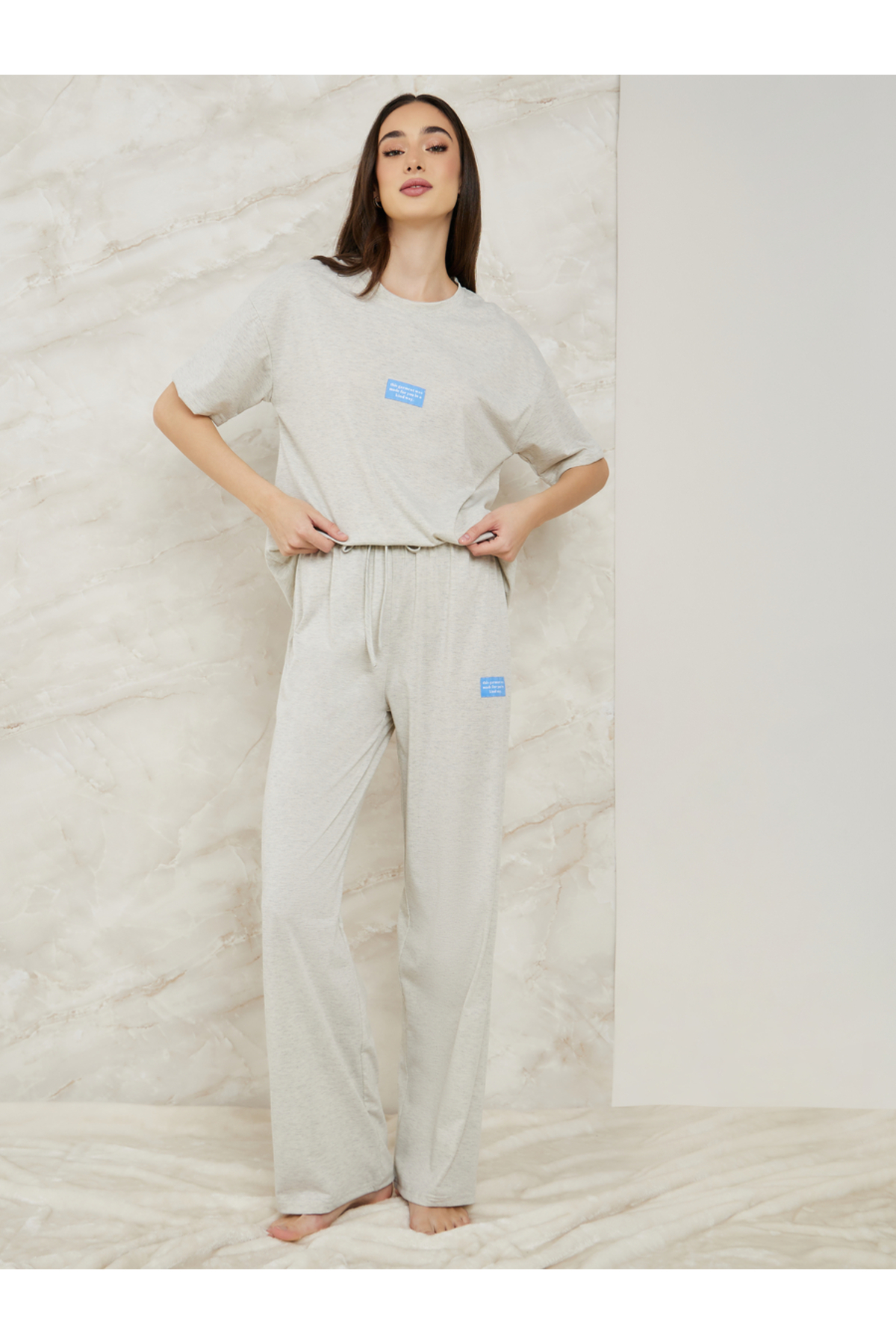 Styli Drop Shoulder Patch Detail T-Shirt & Pyjama Set