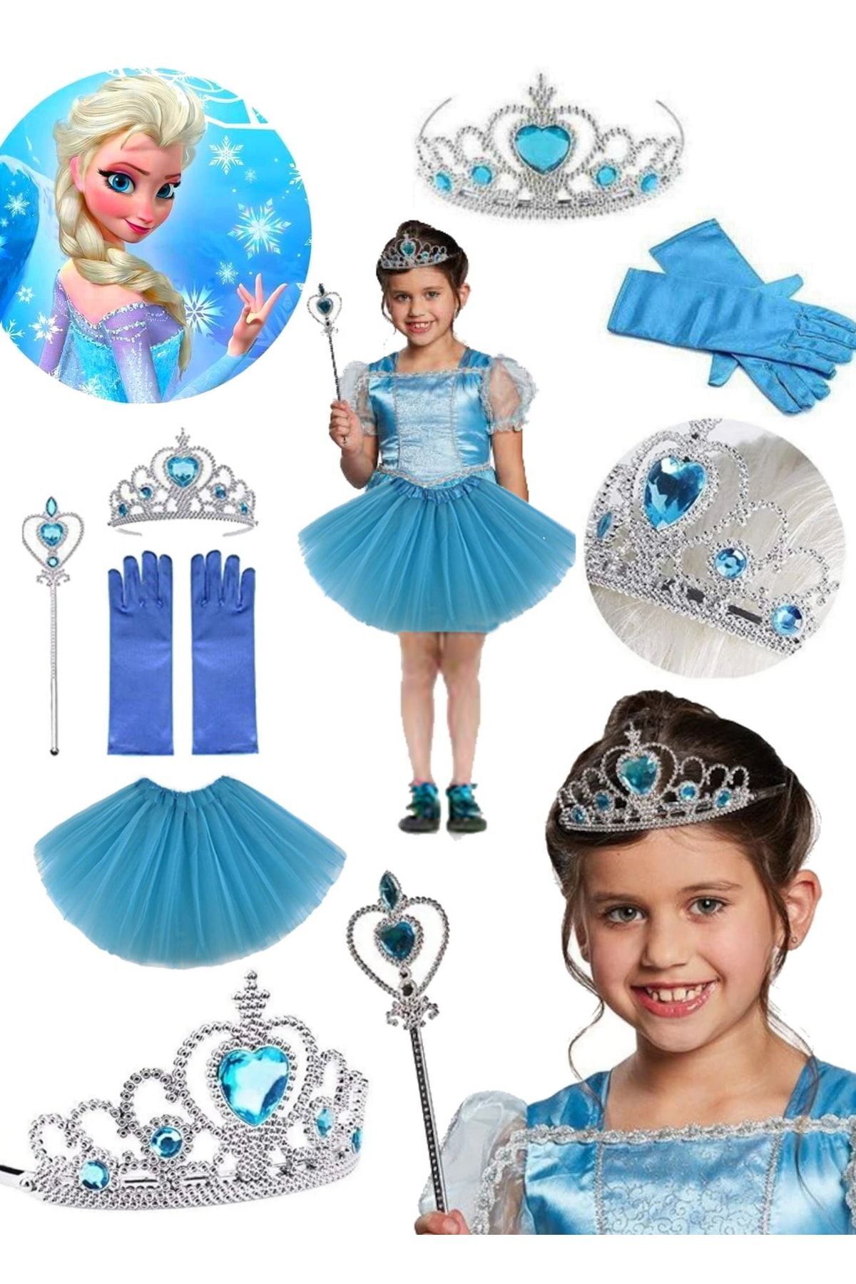 Utelips-Costum Elsa pentru copii pentru fetiță de ziua de naștere, fustă Elsa, mănuși, coroană și scutură, set de 4 7