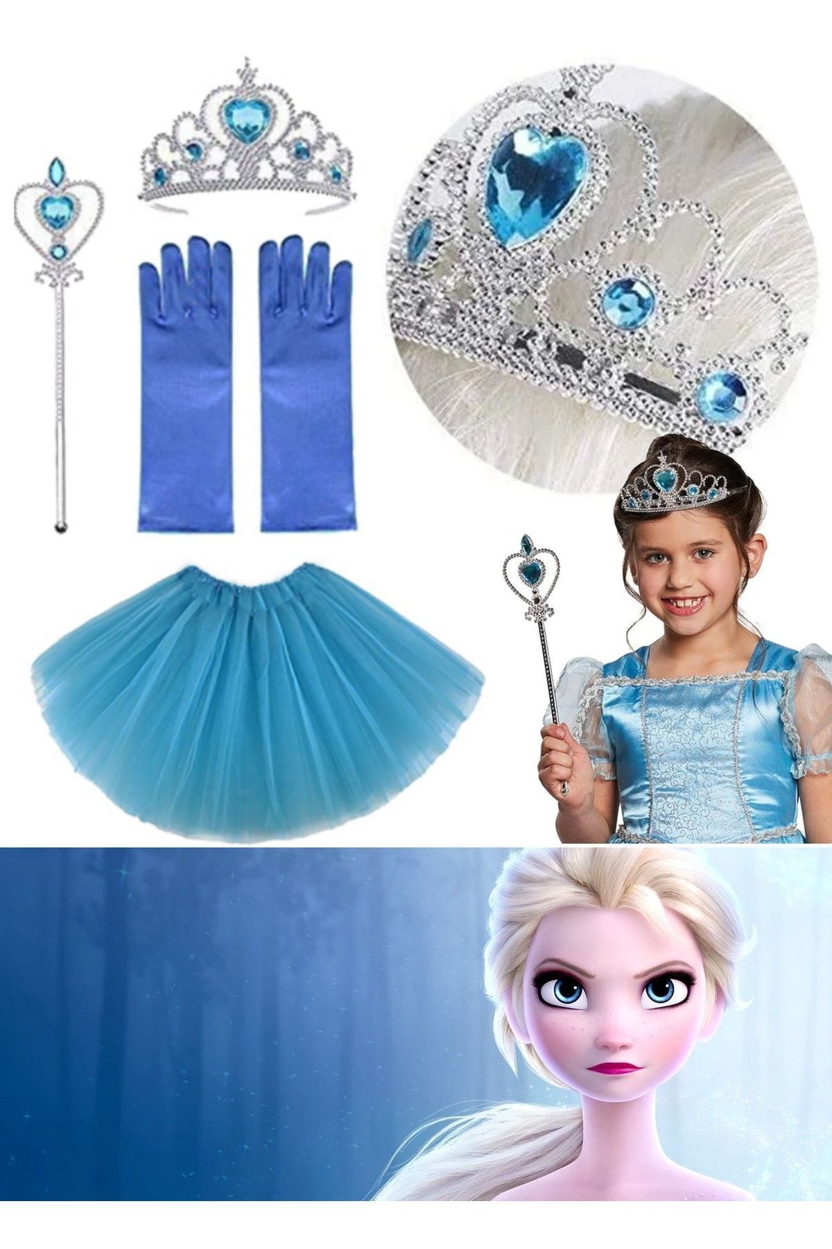 Utelips-Costum Elsa pentru copii pentru fetiță de ziua de naștere, fustă Elsa, mănuși, coroană și scutură, set de 4 4
