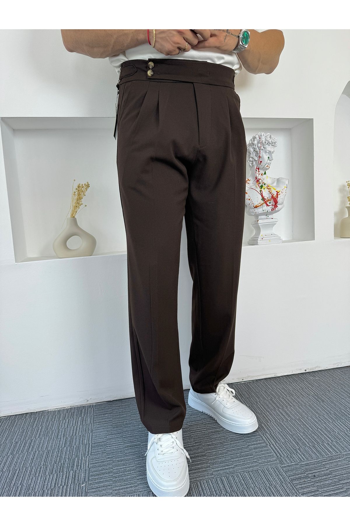 Acı Kahve Çift Yan Kemerli Baggy Kumaş Pantolon - 2