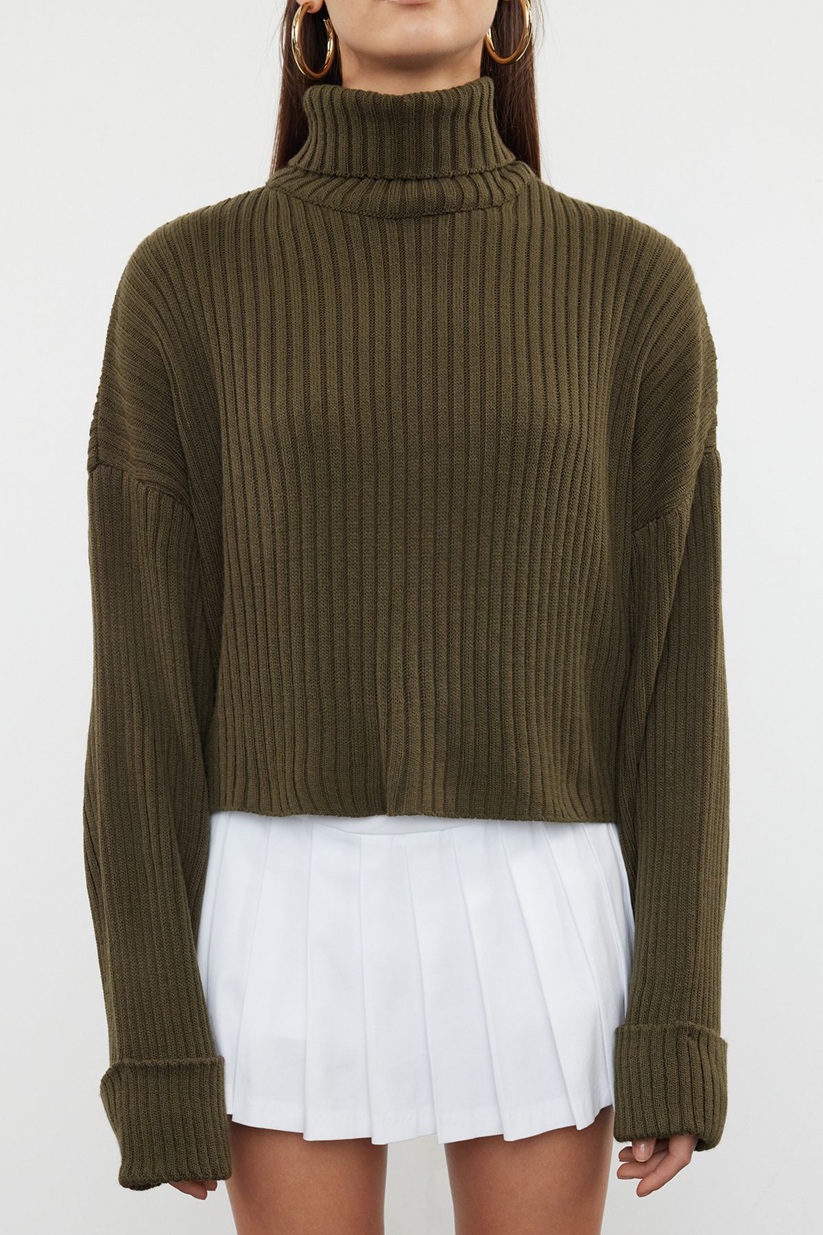 Trendyol Collection-Pulover Crop Basic Knitwear Kaki TWOAW22KZ0223 3