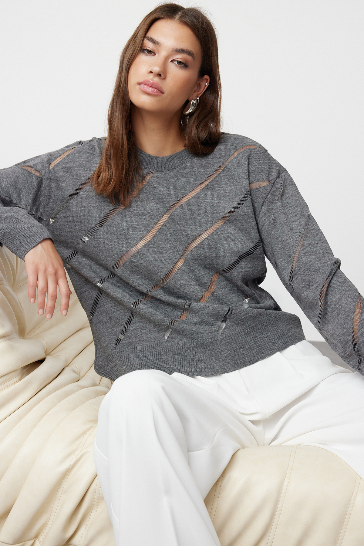 Trendyolmilla  Antrasit Ajurlu/Delikli Triko Kazak TWOAW24KZ00157 - Görsel 2