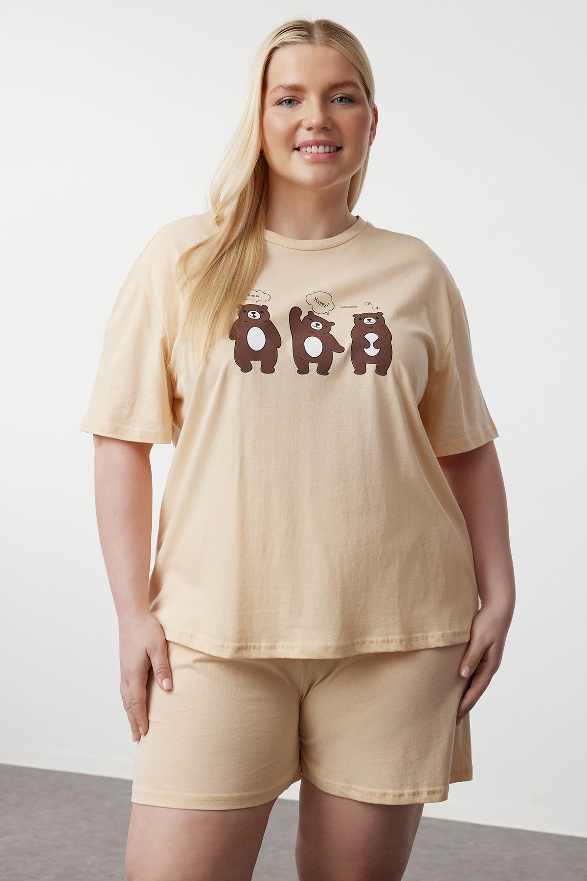 Trendyol Curve-Hellgelbes Pyjama-Set aus Strick mit Teddybär-Aufdruck - TBBSS24AI00025 2