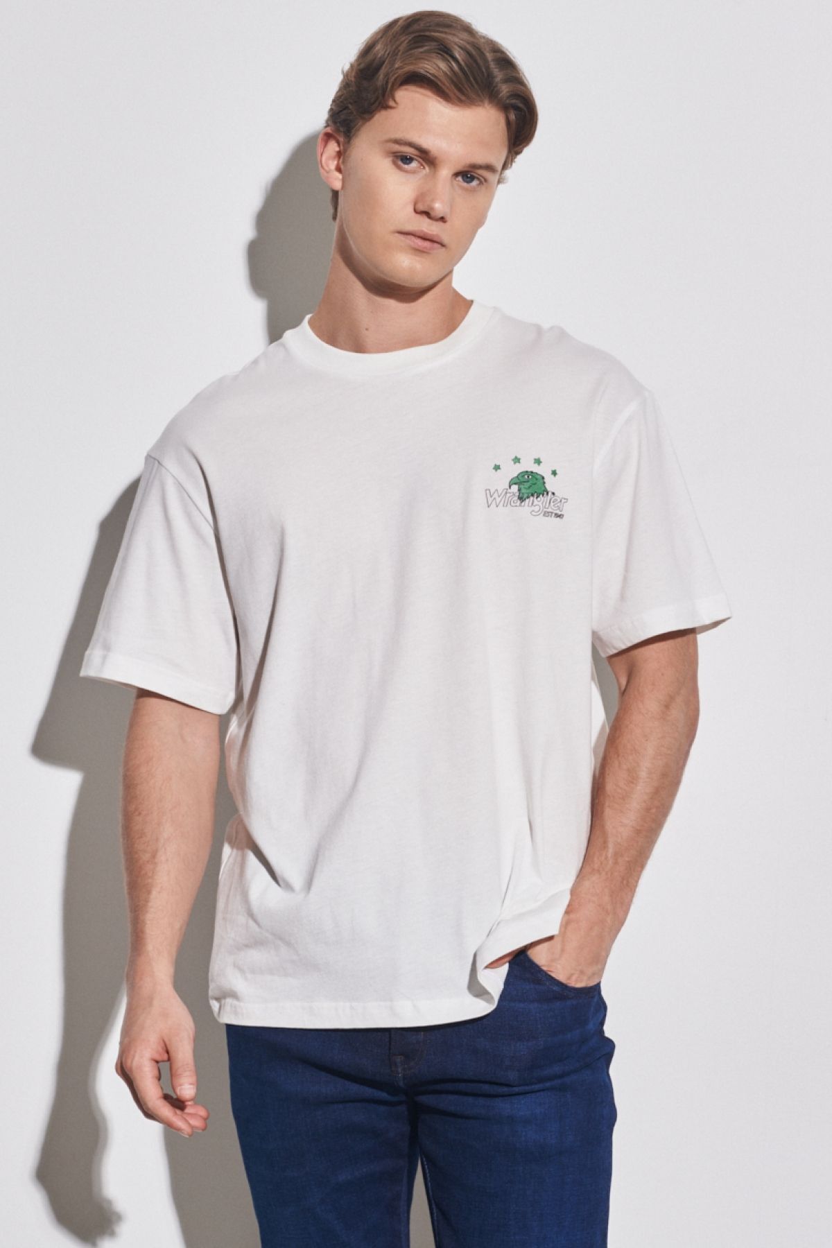 تی شرت سفید مردانه شل و راحت 100 ٪ یقه دوچرخه پنبه ای شکسته T Shirt Wrangler