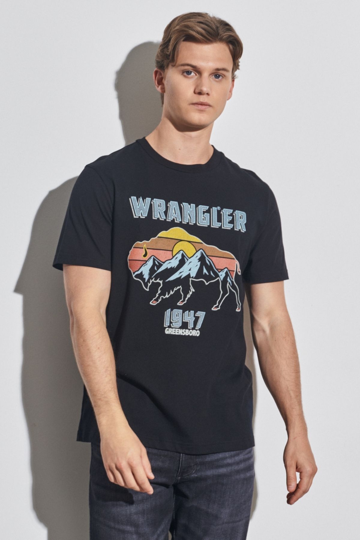 تی شرت مشکی مردانه به طور منظم مناسب برش طبیعی 100 ٪ گردن پنبه ای t shirt Wrangler