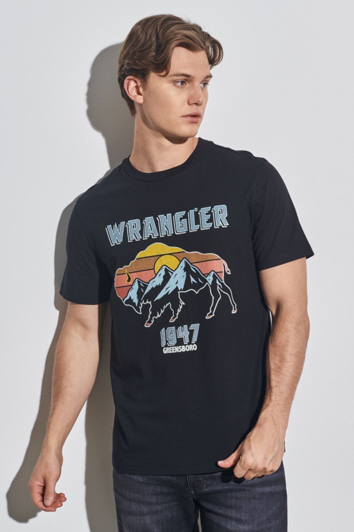 تی شرت مشکی مردانه به طور منظم مناسب برش طبیعی 100 ٪ گردن پنبه ای t shirt Wrangler
