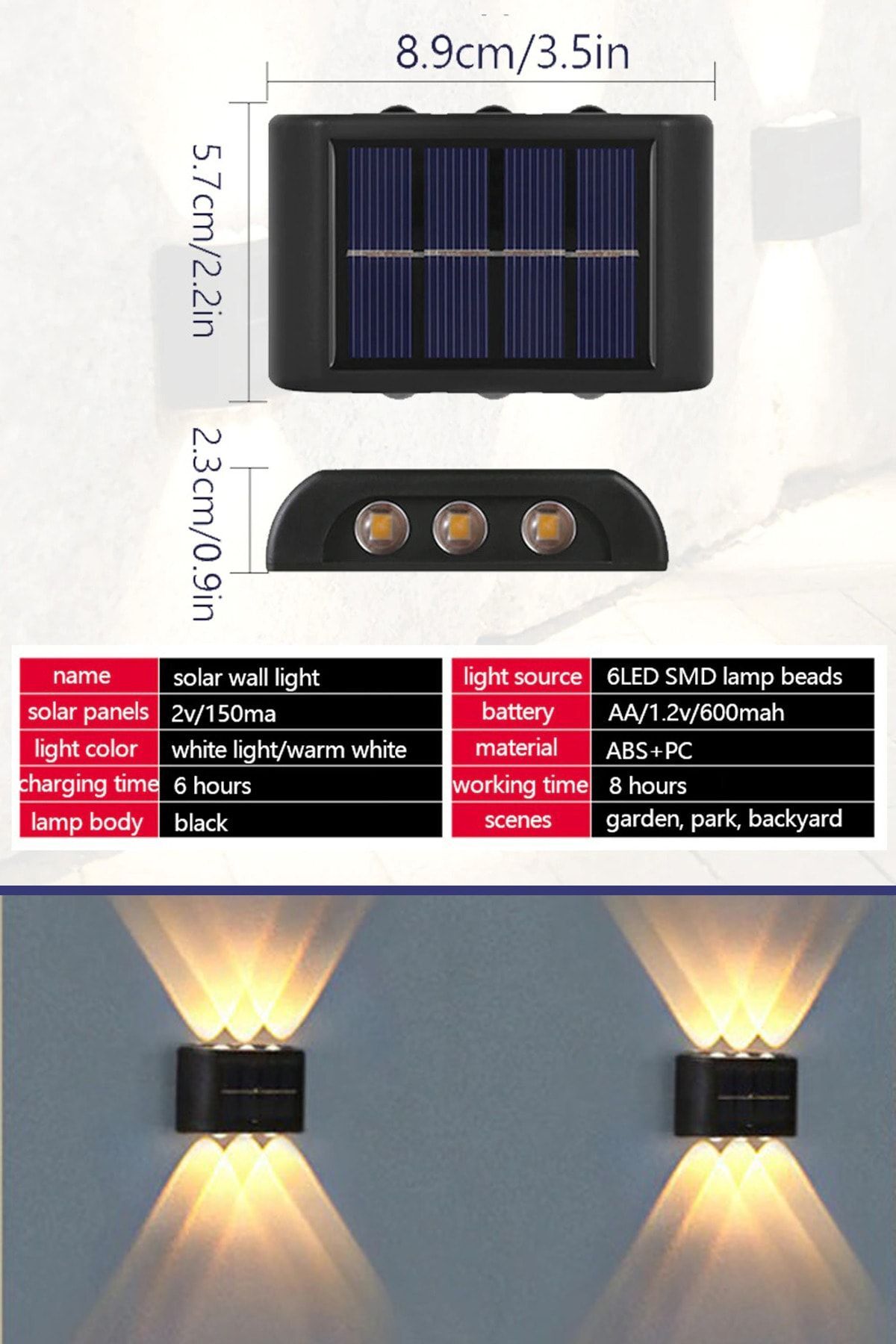 2adet Modern Solar 6ledli Çift Taraflı Aplik Güneş Enerjili Aydınlatma Duvar Lambası 5