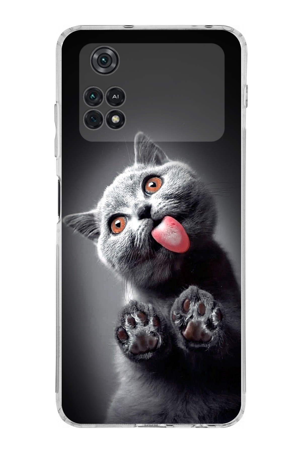 Poco M4 Pro 4G ile Uyumlu Kedi 2 Kamera Korumalı Şeffaf Kılıf