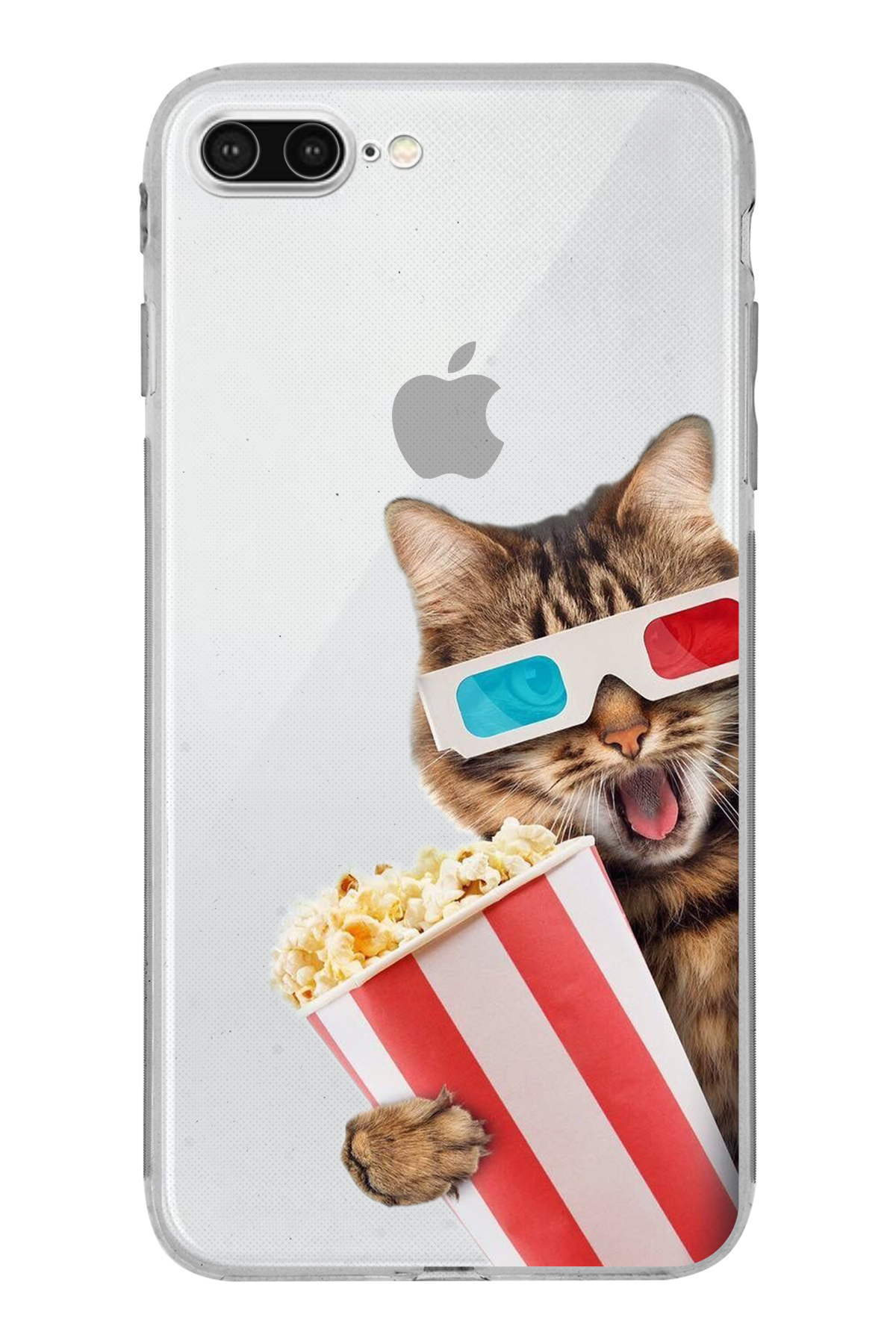 PrintiFy Apple iPhone 8 Plus ile Uyumlu Kedi 1 Kamera Korumalı Şeffaf Kılıf