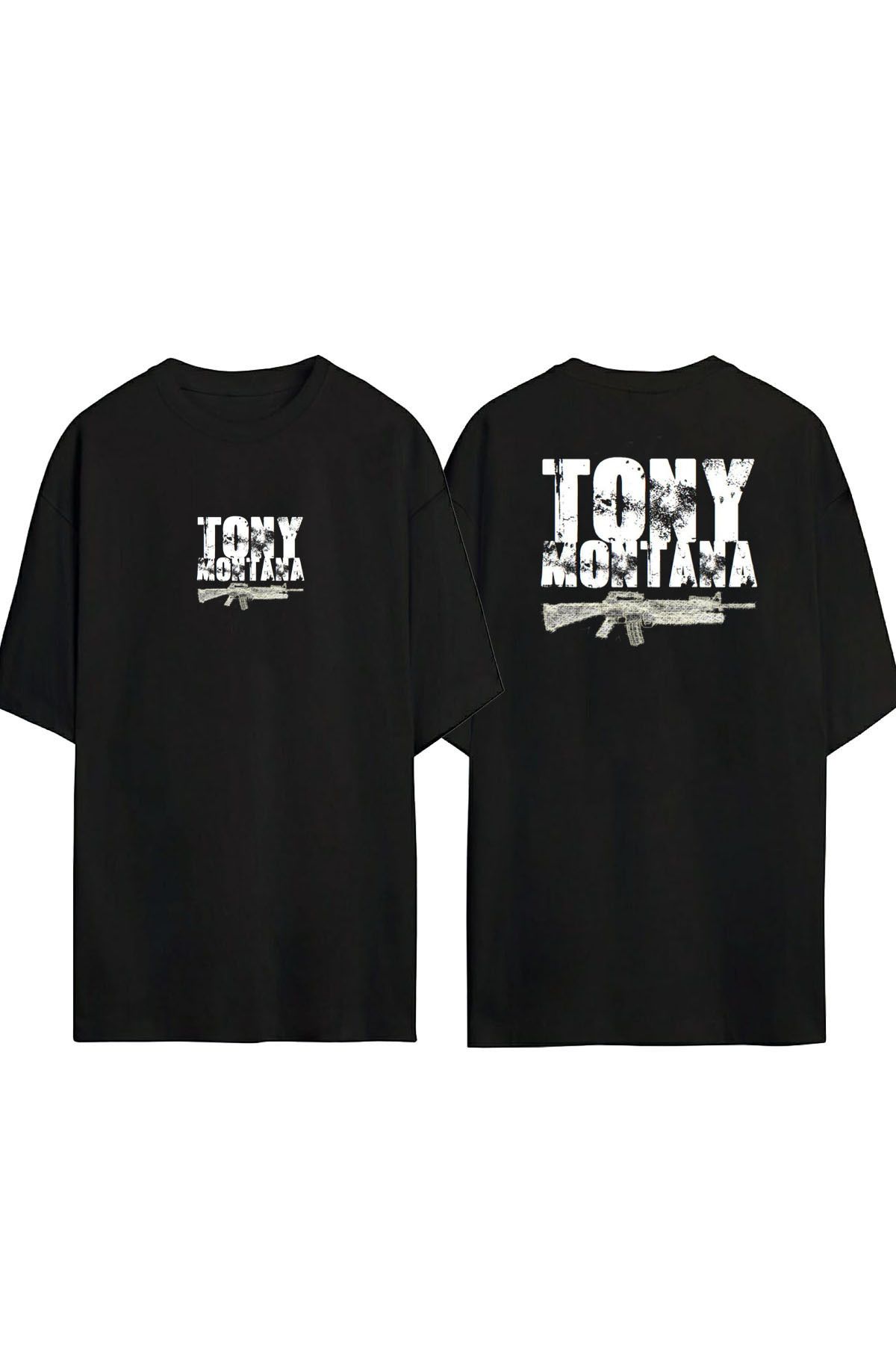 THEWERT Unisex Tony Montana Silah Tasarım Baskılı Pamuk Siyah Oversize T-shirt