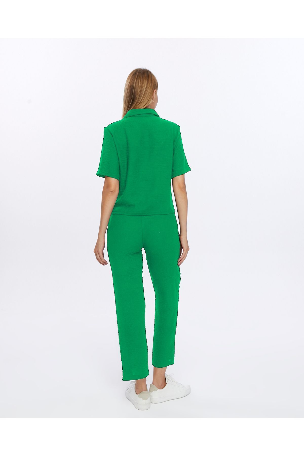 İkmal-Green Linen Women's Set - Shirt, Jacket and Trousers 4