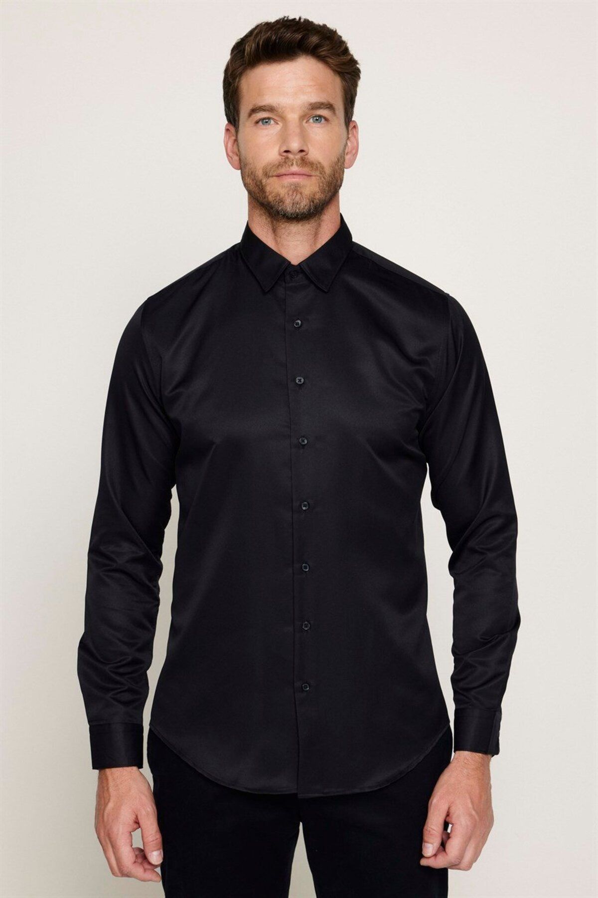 Slim Fit Uzun Kollu Kolay Ütü Teri Emen Nefes Alan Doku Kravatlık Dört Mevsim Siyah Erkek Gömlek