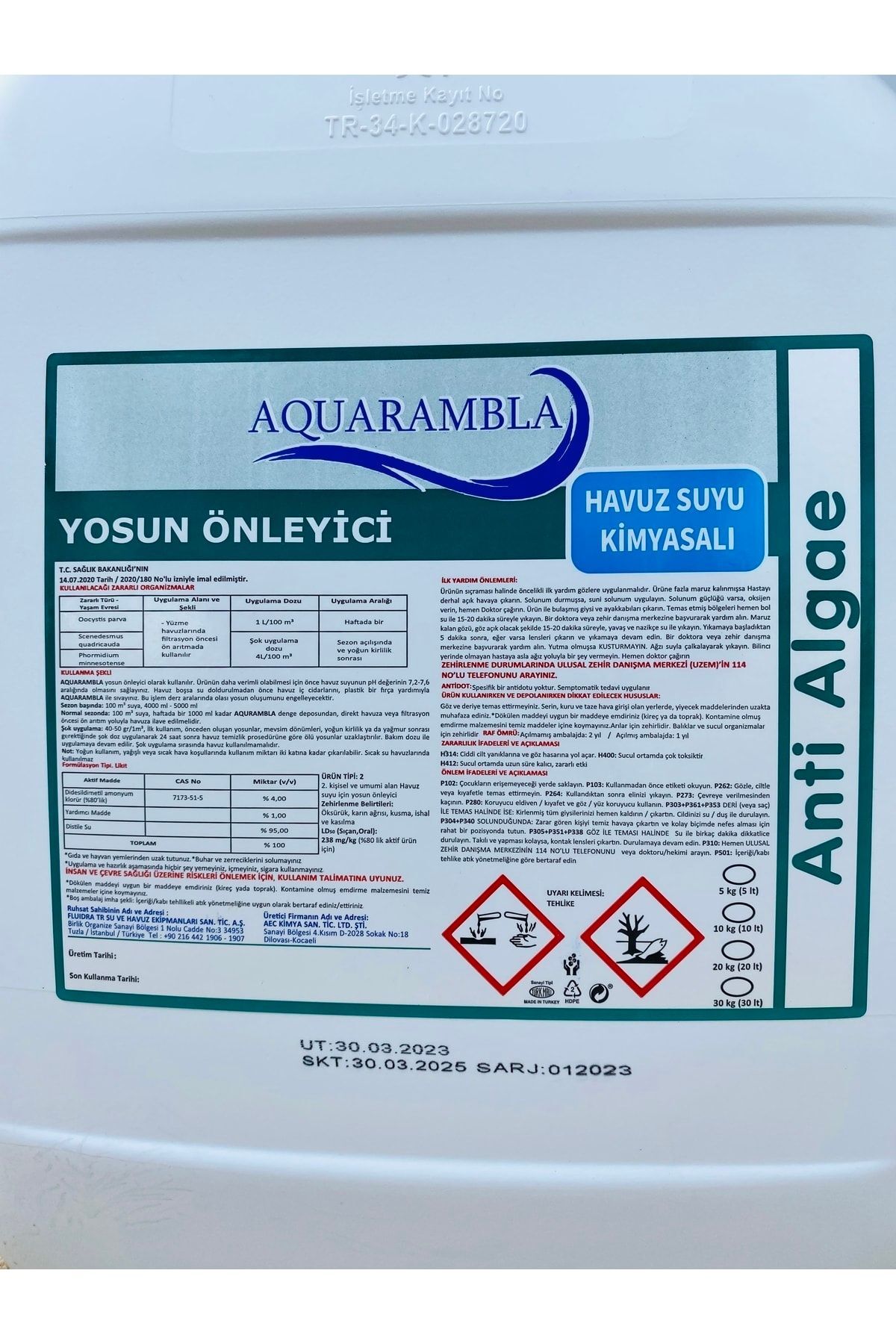 Aquarambla Yosun Önleyici 20 Lt. Konsantre Havuz Kimyasalı