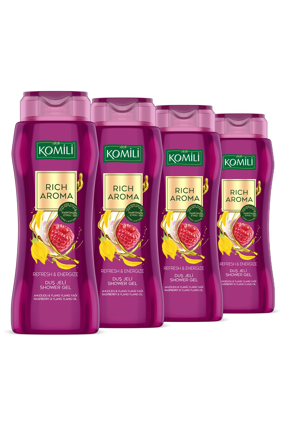 مجموعه ژل دوش با رایحه غنی - تمشک و یلانگ یلانگ - اثر عطر ماندگار - 4X500 ML Komili