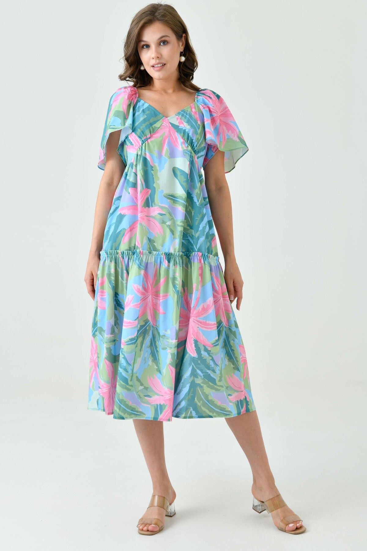 WOMAN VISION-Tropical Patterned and Gipe Detailed Midi Flared Evening Dress - V-Neck 9187 8