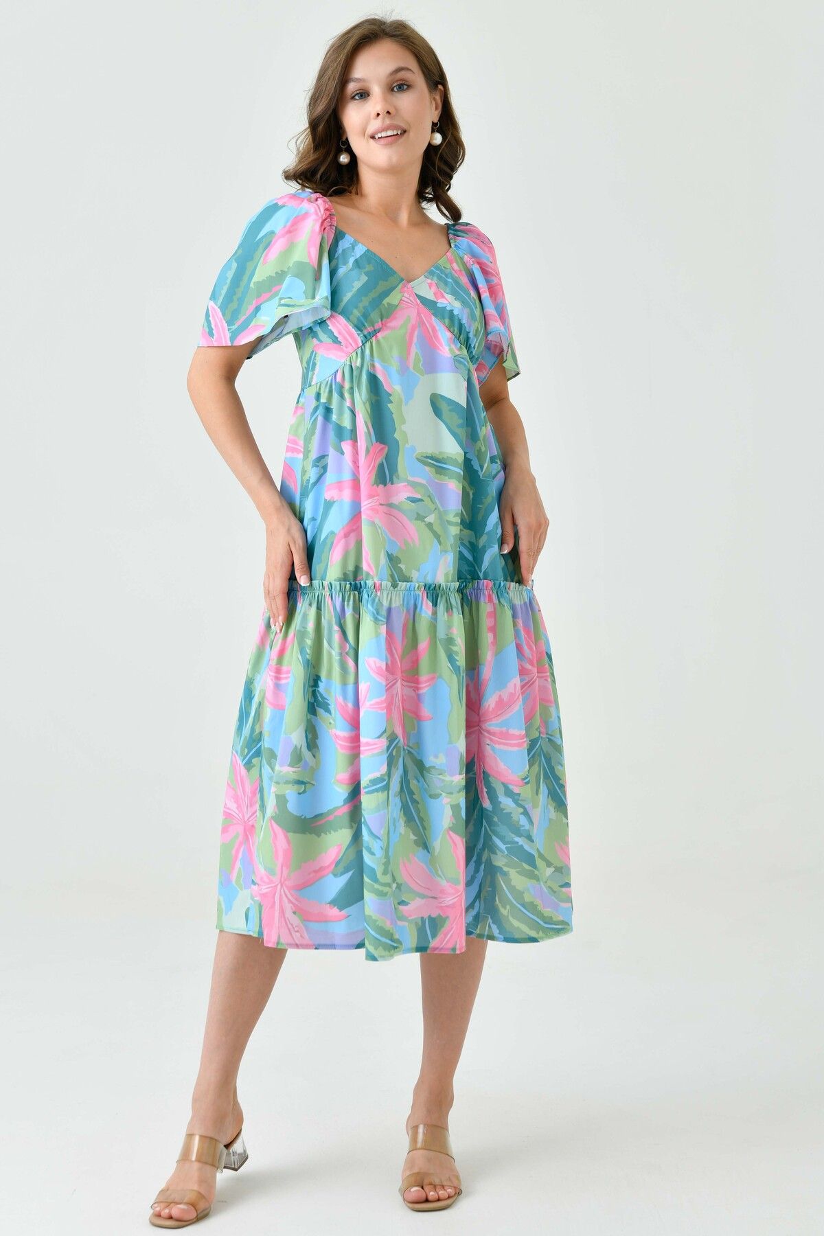 WOMAN VISION-Tropical Patterned and Gipe Detailed Midi Flared Evening Dress - V-Neck 9187 7