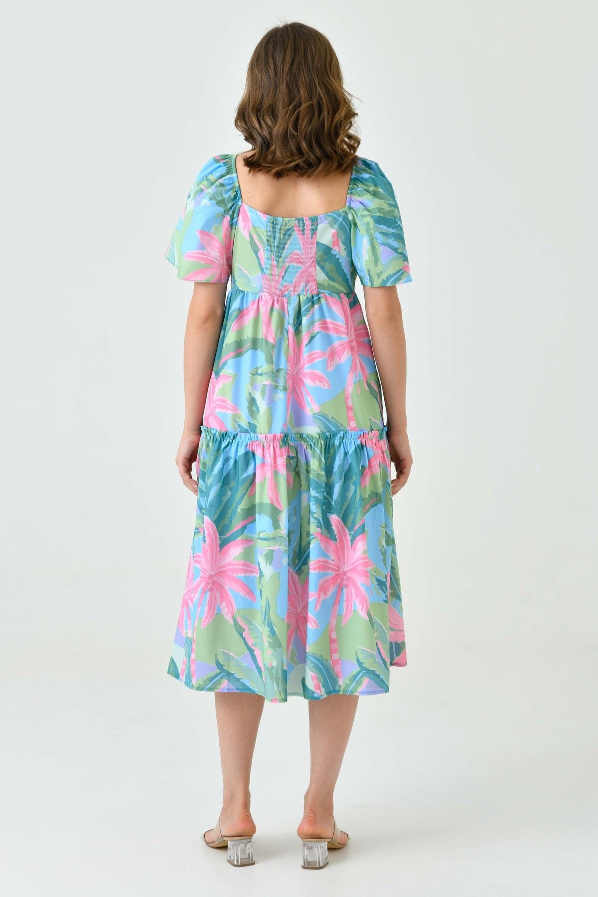 WOMAN VISION-Tropical Patterned and Gipe Detailed Midi Flared Evening Dress - V-Neck 9187 3