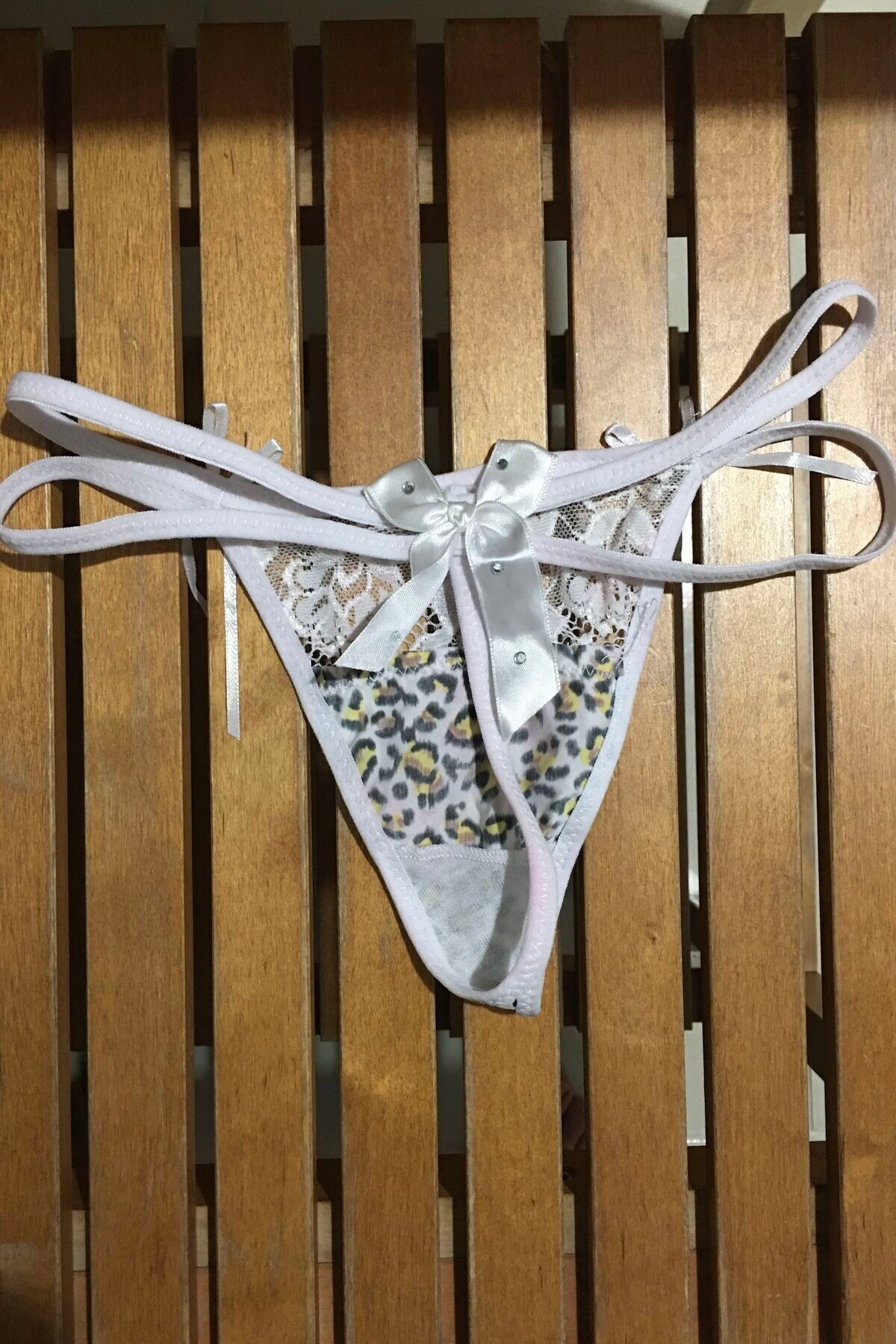 Nana & Mayka Moda-Leopard Patterned Stone Bow Double Elastic String Thong White Fancy Panties Xs-S-M Standard 2