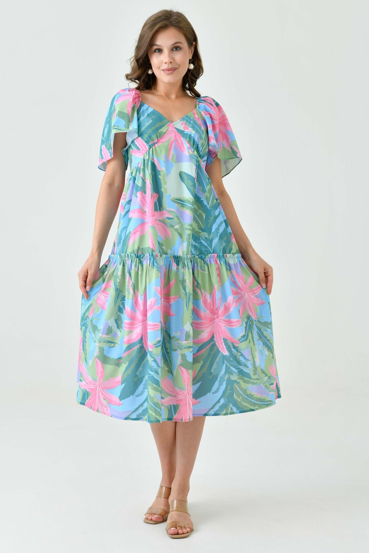 WOMAN VISION-Tropical Patterned and Gipe Detailed Midi Flared Evening Dress - V-Neck 9187 4