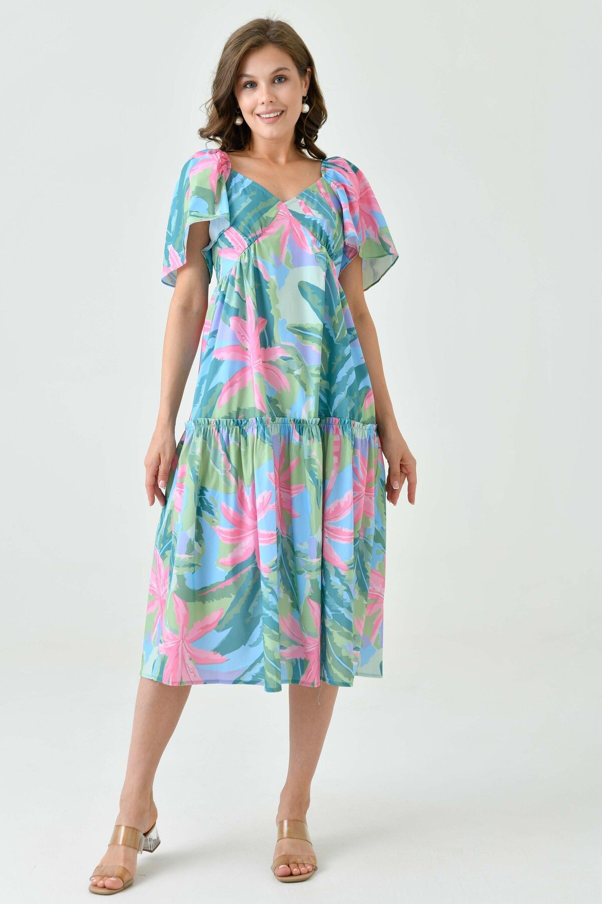 WOMAN VISION-Tropical Patterned and Gipe Detailed Midi Flared Evening Dress - V-Neck 9187 6