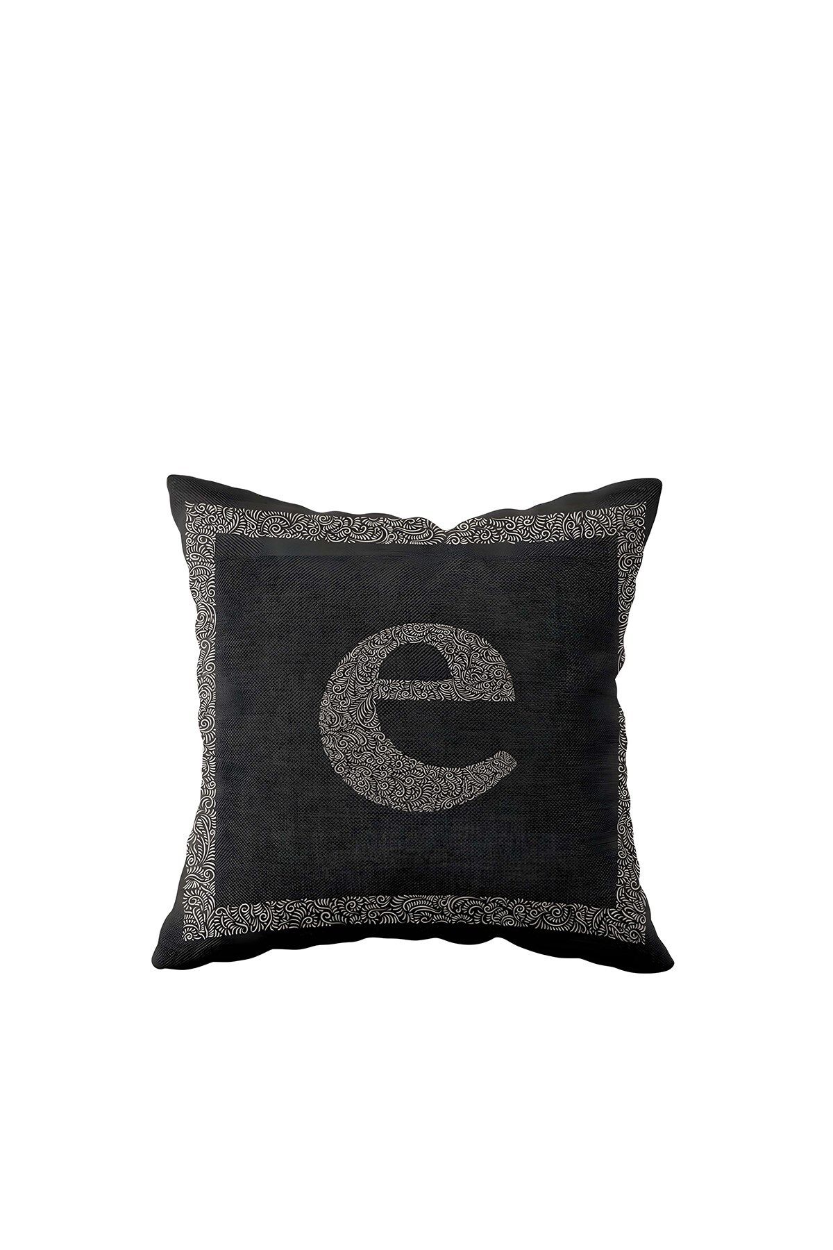 linazaitun-Letter E Anthracite Floor Gray Framed Single Side Printed Hidden Zippered Decorative Pillow Case 1
