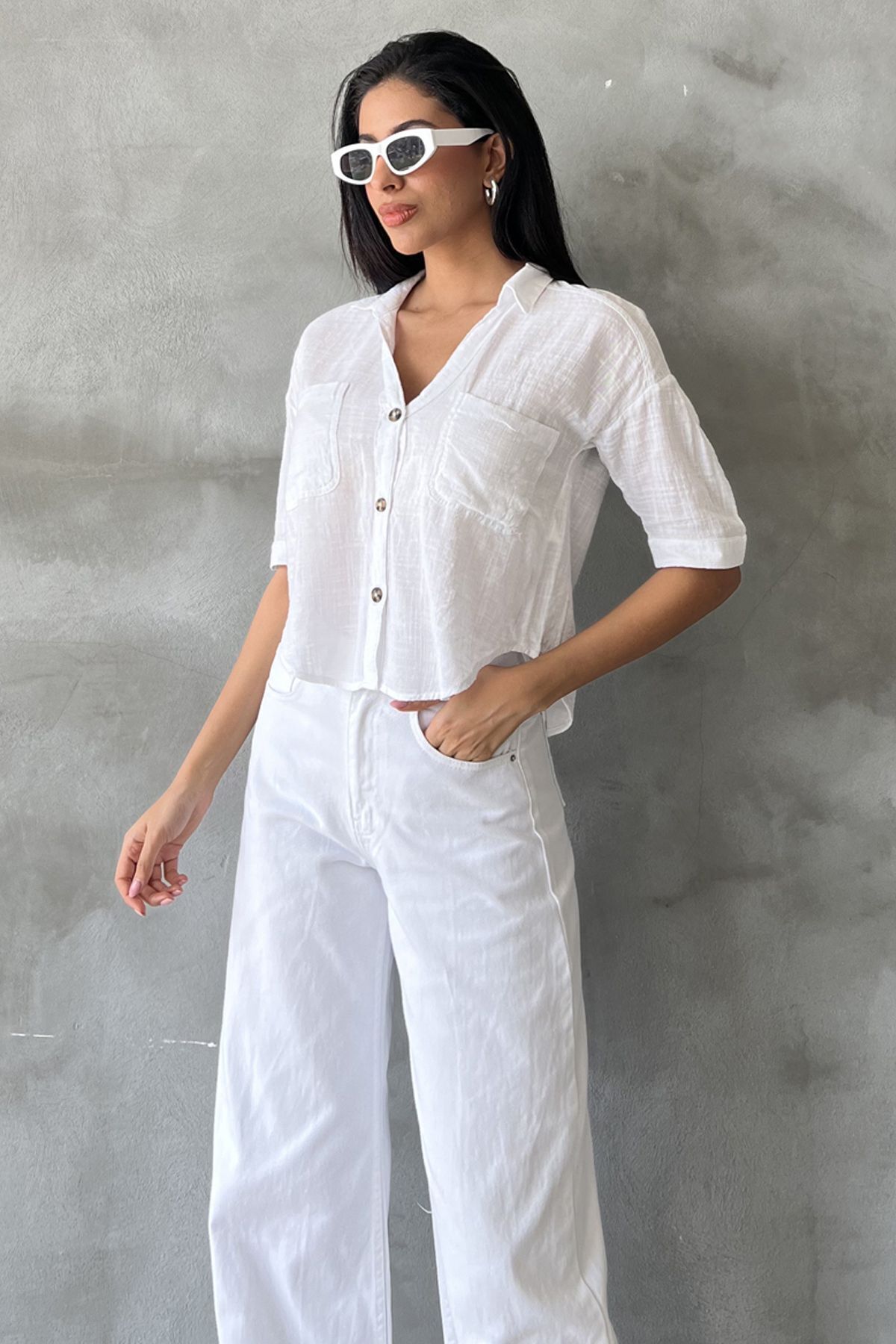 Maule-Vâscoză albă din bumbac Cool of Summer: Cămașă cu mânecă scurtă pentru femei @parma 5