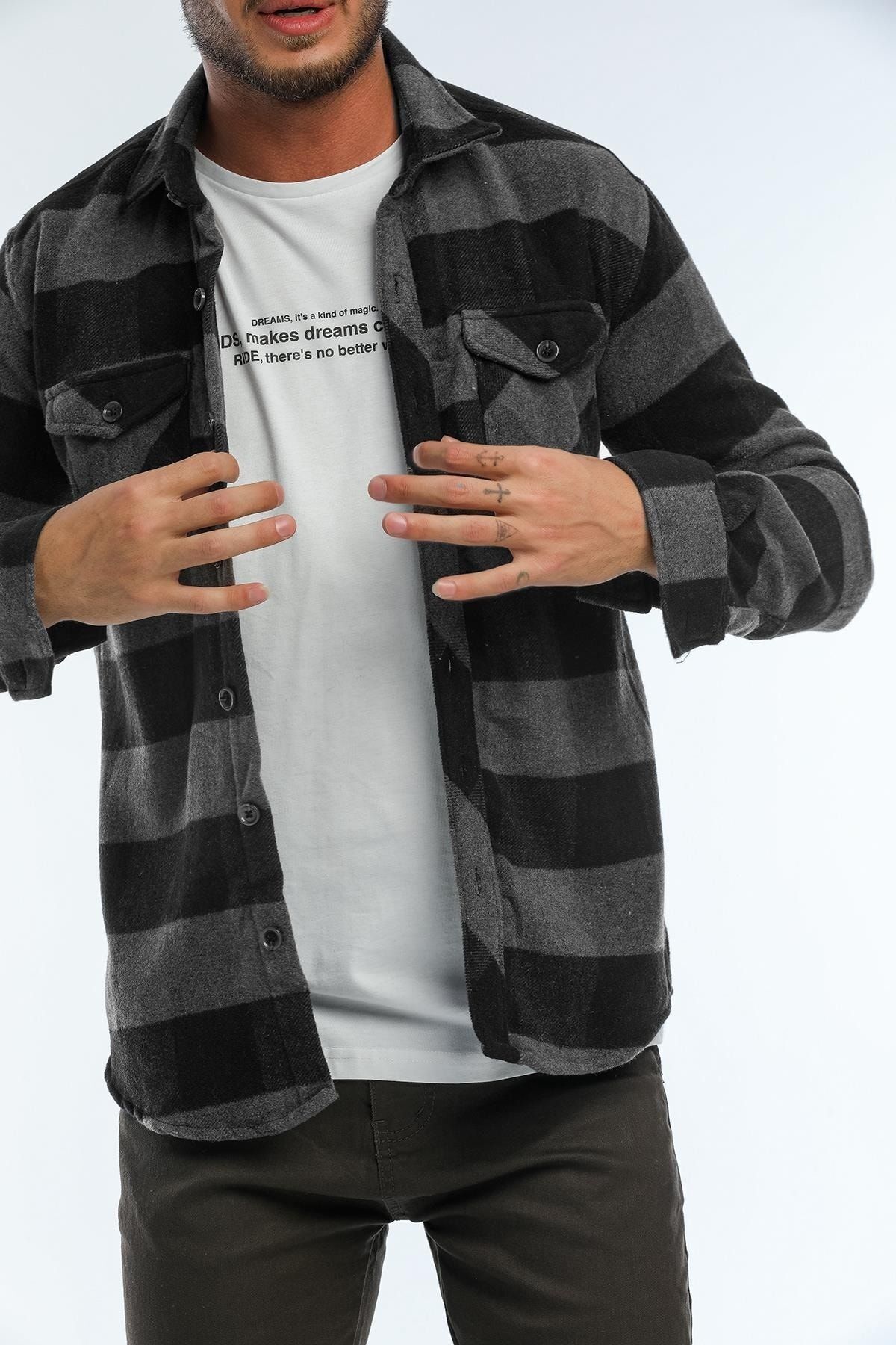 Blah Szara Męska Marynarka Koszulowa Z Podwójną Kieszenią, Oversize, W Grubą Kratę, Drwal Mężczyzna - XL