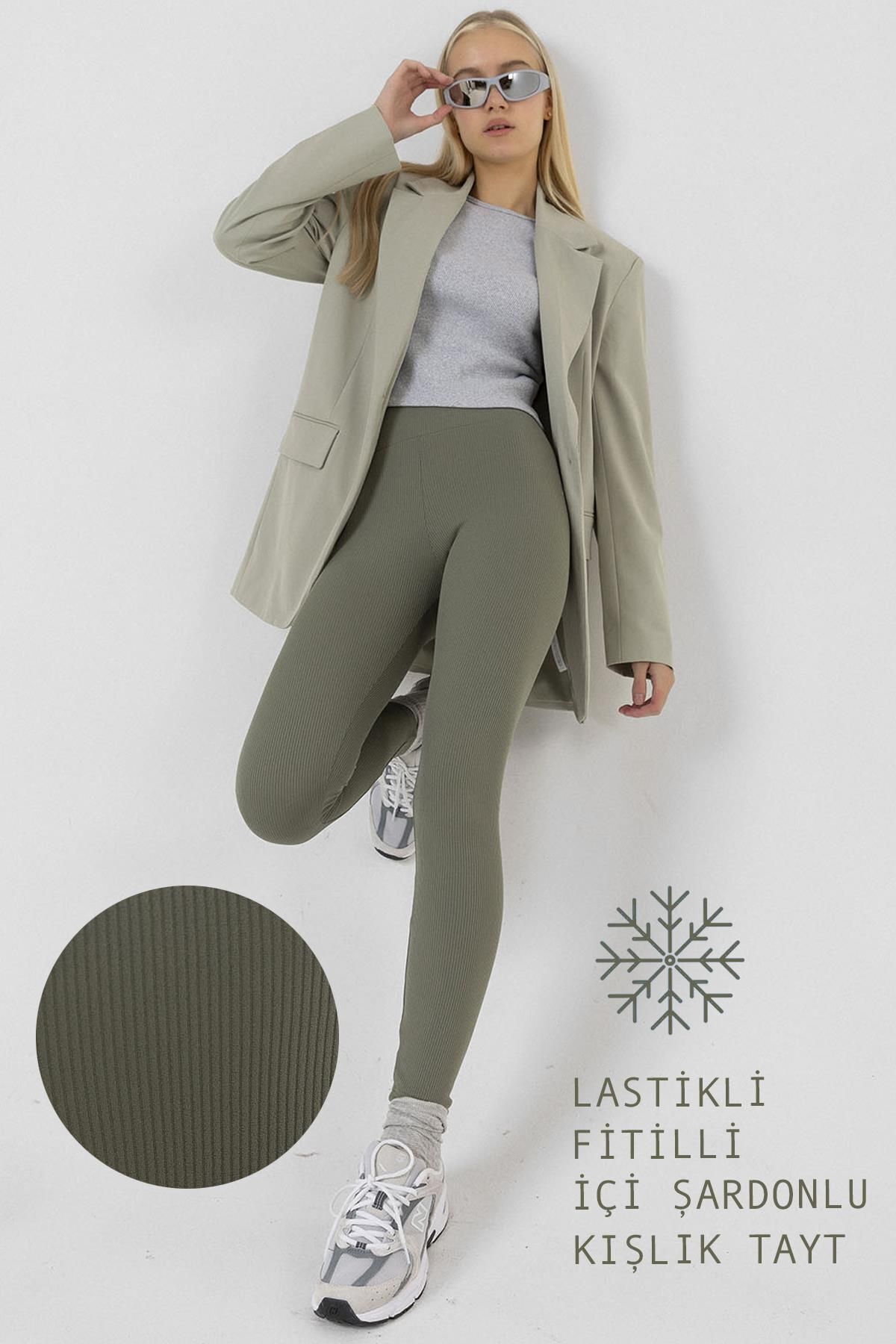 Domoda-Innenseite aus mintfarbenem Fleece, elastisch, erhöht, gerippt, Interlock-Winterstrick-Leggings mit Raffung @verona 1
