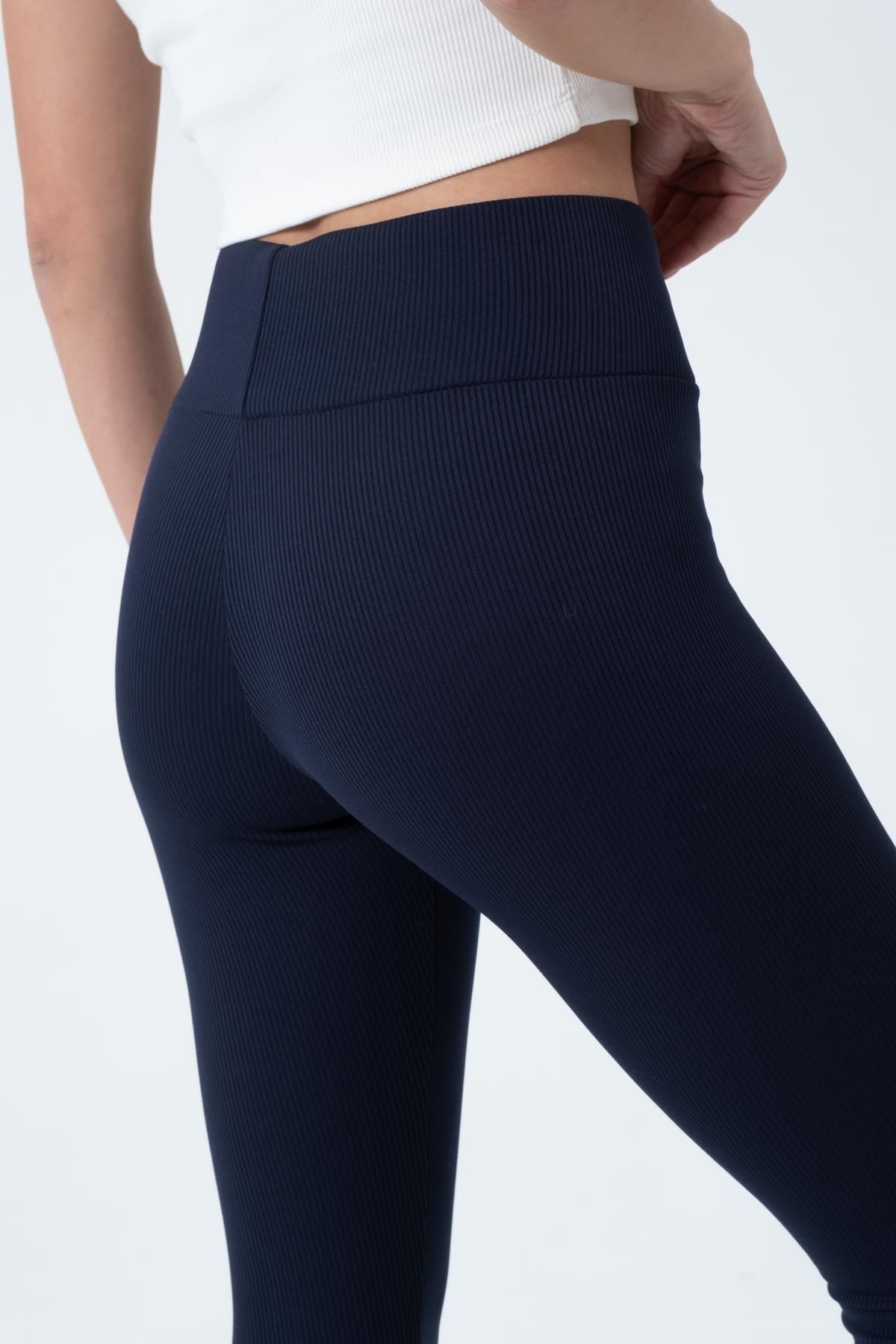 Domoda-Marineblaue Fleece-Innenseite, elastisch, erhöht, gerippt, geraffte Interlock-Winterstrick-Leggings @verona 4